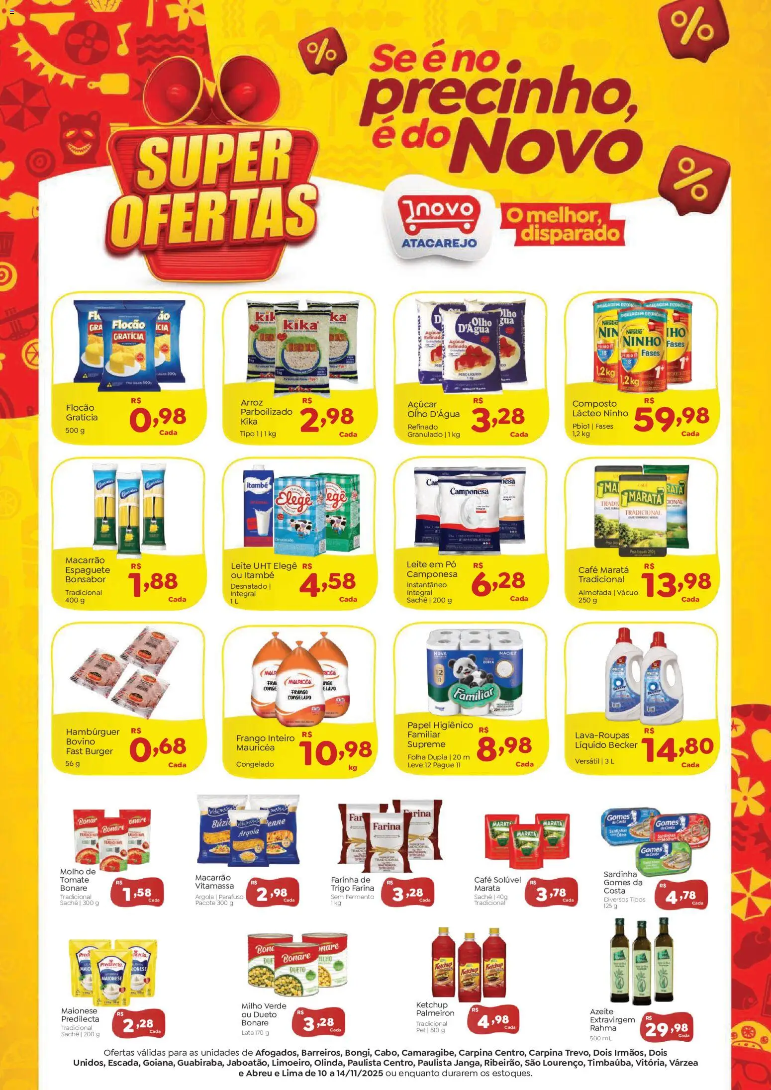 Novo Atacarejo Folheto - válido de 10.11.2025 | Página: 1 | Produtos: Arroz, Macarrão, Sardinha, Papel higiênico