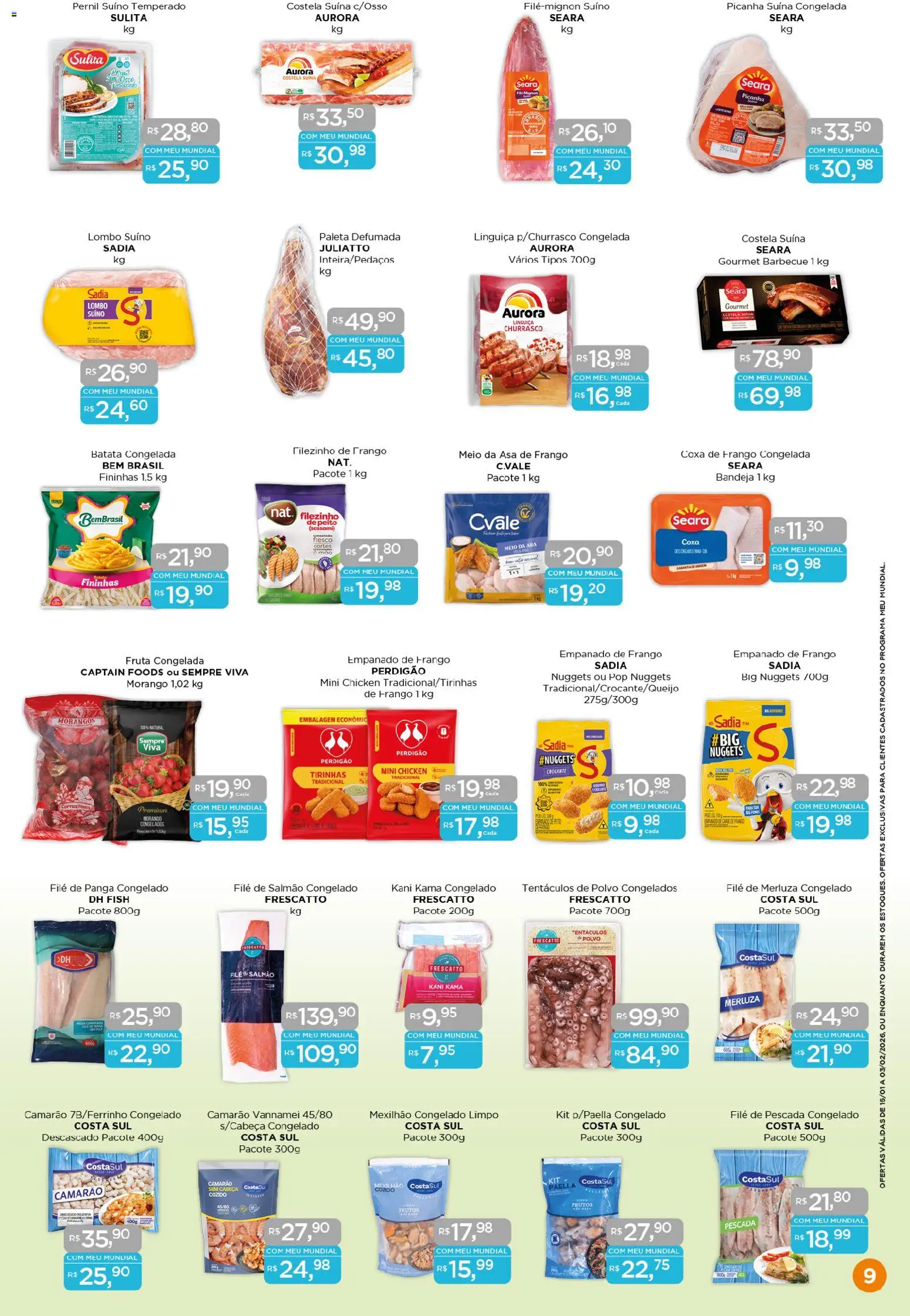 Mundial Folheto - válido de 16.01.2026 | Página: 9 | Produtos: Coxa de frango, Picanha, Camarão, Polvo