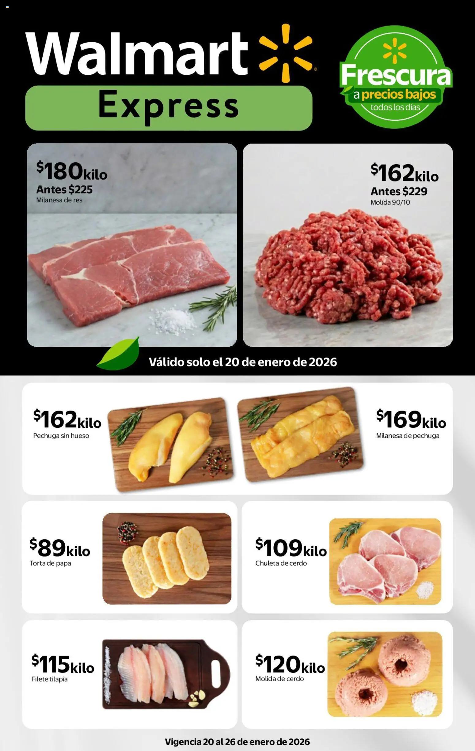 Nuevas ofertas de Walmart Express válidas en toda la República Mexicana desde el 20.01.2026. ¡Encuentra las mejores ofertas en Walmart Express folleto Frescura a precios bajos! | Página: 2 | Productos: Milanesa, Papa, Cerdo, Res