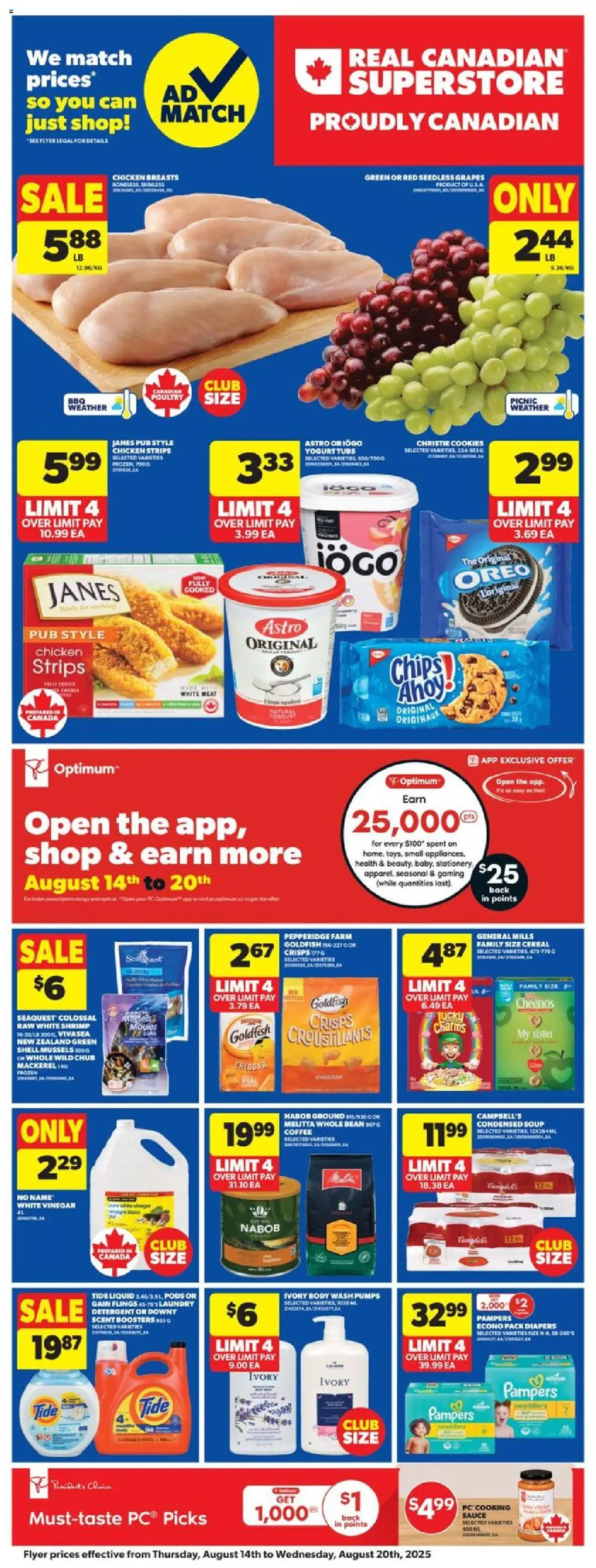 Real Canadian Superstore flyer valid from 14.08.2025 | Page: 3 | Products: Chips, Chicken breasts, Body wash, Chicken