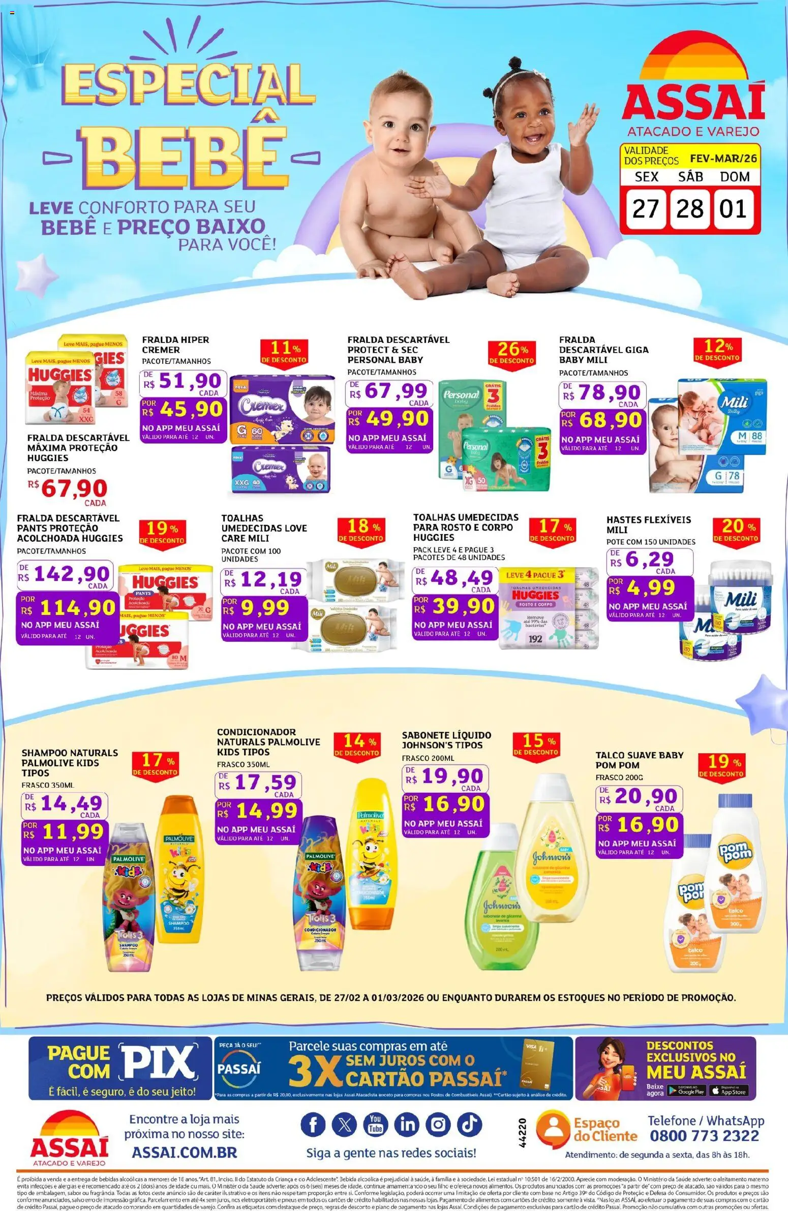 Assaí Atacadista Folheto - válido de 27.02.2026 | Página: 1 | Produtos: Talco, Condicionador, Base, Sabonete líquido