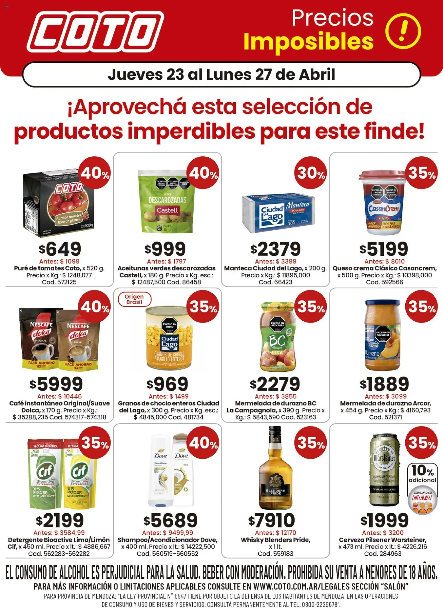 Coto - Prods │ válido desde el 23.04.2026 | Página: 1 | Productos: Shampoo, Acondicionador, Detergente, Mermelada