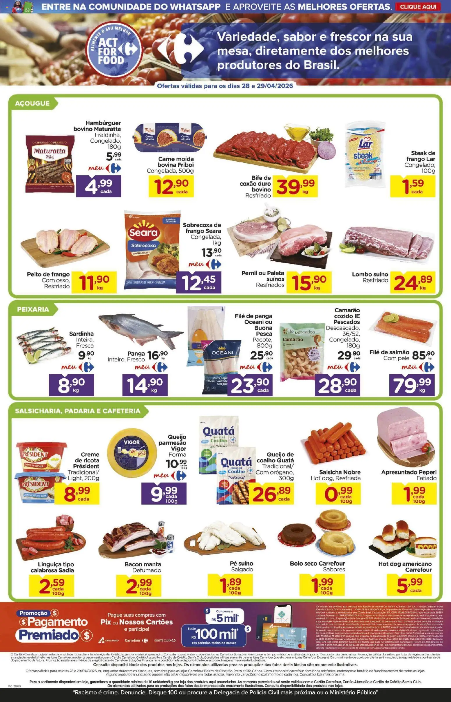 Carrefour Bairro Folheto - válido de 28.04.2026 | Página: 2 | Produtos: Salsicha, Linguiça, Ricota, Bolo