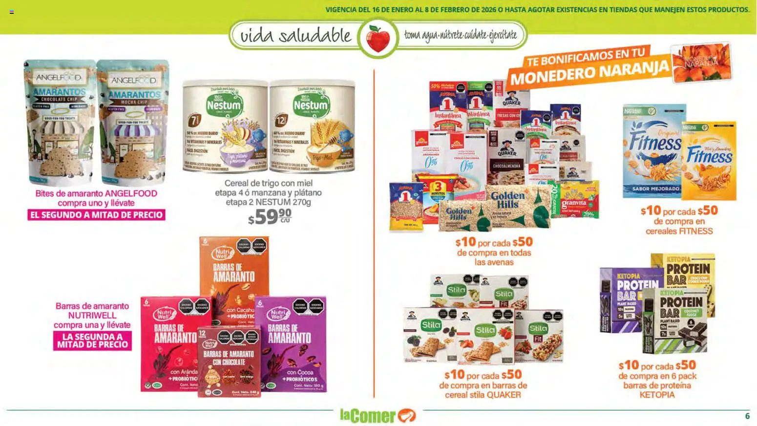 Nuevas ofertas de La Comer válidas en toda la República Mexicana desde el 16.01.2026. ¡Encuentra las mejores ofertas en La Comer folleto Vida Saludable! | Página: 6 | Productos: Monedero, Fresas, Vitaminas, Té
