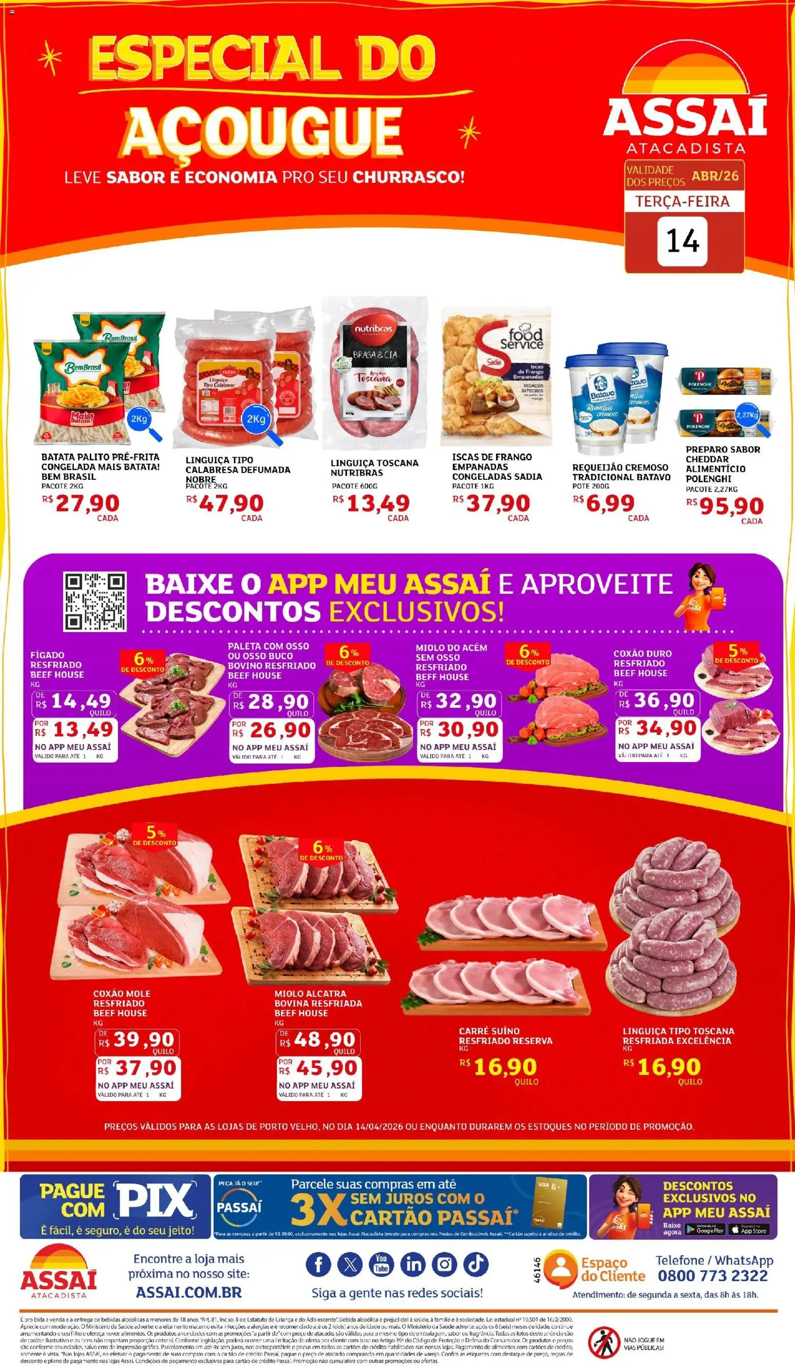 Assaí Atacadista Folheto - válido de 14.04.2026 | Página: 1 | Produtos: Linguiça, Bebida, Frango, Requeijão