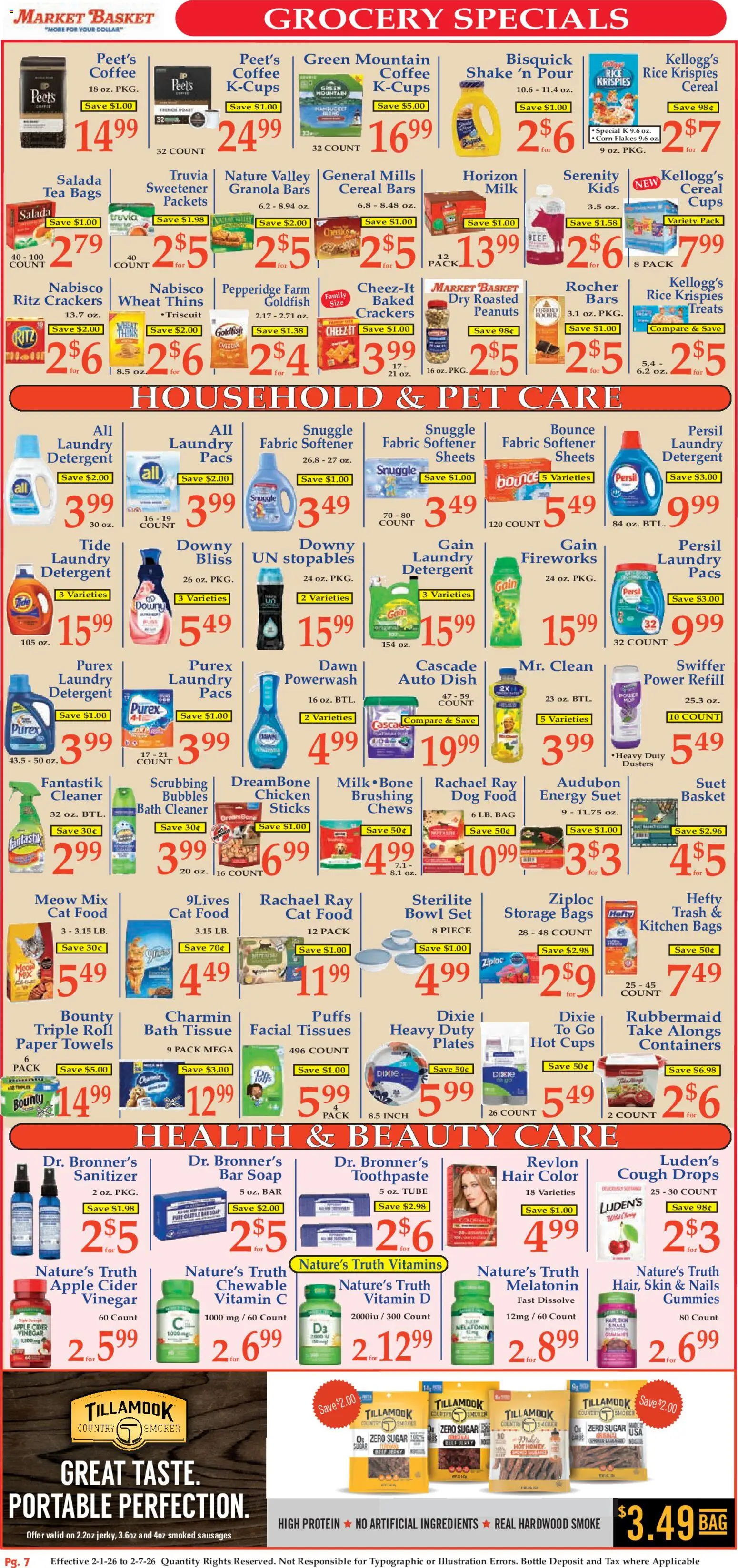 Market Basket Ad - valid from 01.02.2026 | Page: 7 | Products: Melatonin, Dog Food, Coffee, Detergent