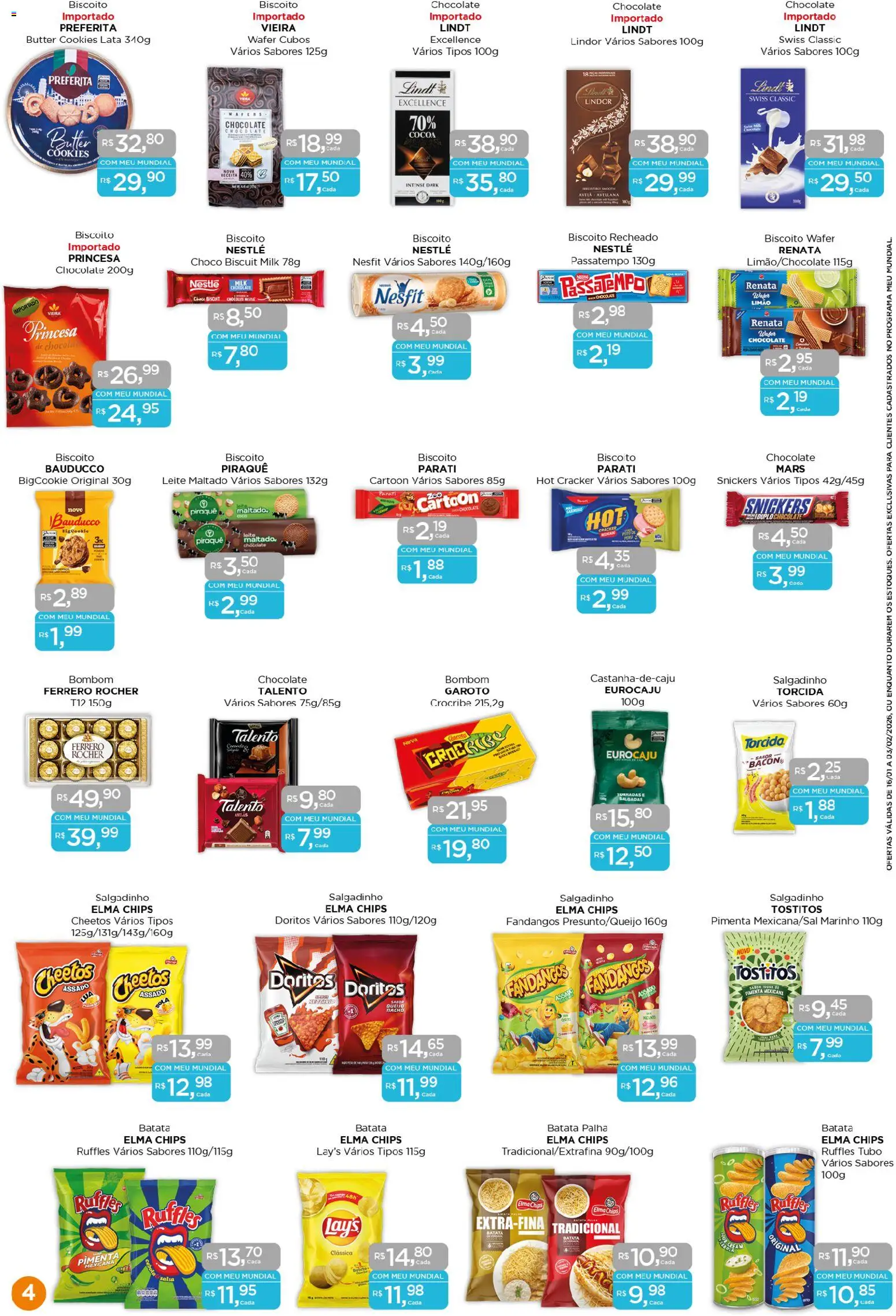 Mundial Folheto - válido de 16.01.2026 | Página: 4 | Produtos: Leite, Cookies, Biscoito recheado, Bombom