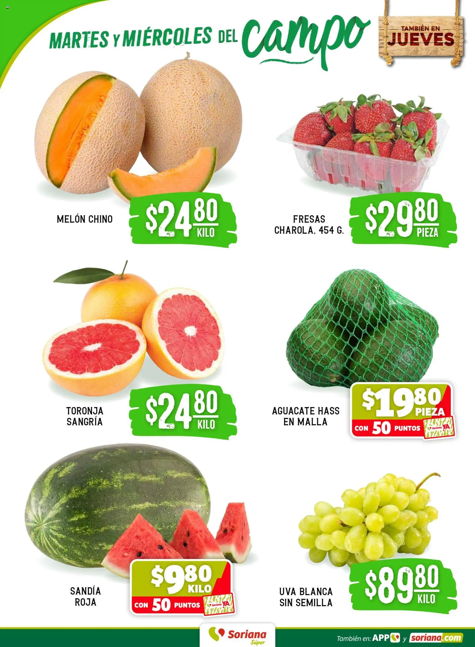 Nuevas ofertas de Soriana válidas en toda la República Mexicana desde el 21.04.2026. ¡Encuentra las mejores ofertas en Soriana Martes y Miércoles del Campo Súper: Juárez! | Página: 2 | Productos: Sandía, Melón, Uva, Fresas
