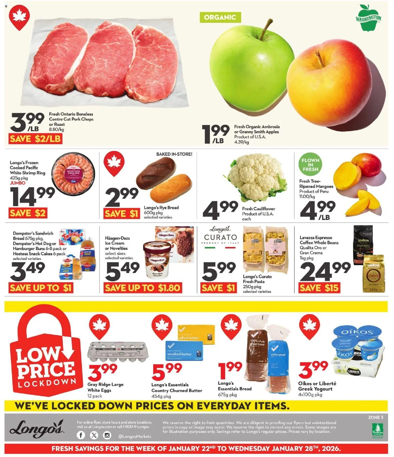 Longo's flyer valid from 22.01.2026 | Page: 3 | Products: Butter, Eggs, Coffee, Pork