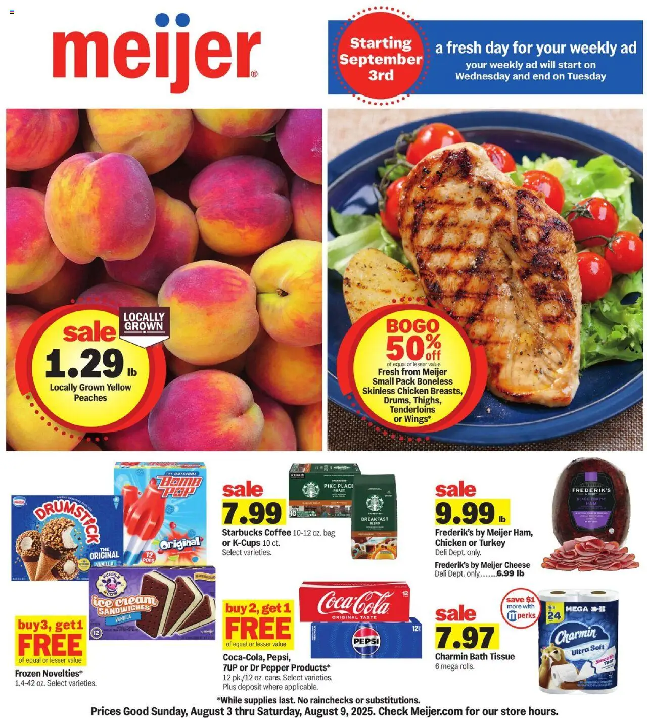 Meijer Weekly Ad - valid from 03.08.2025 | Page: 1 | Products: Coffee, Cream, Ice cream, Bag