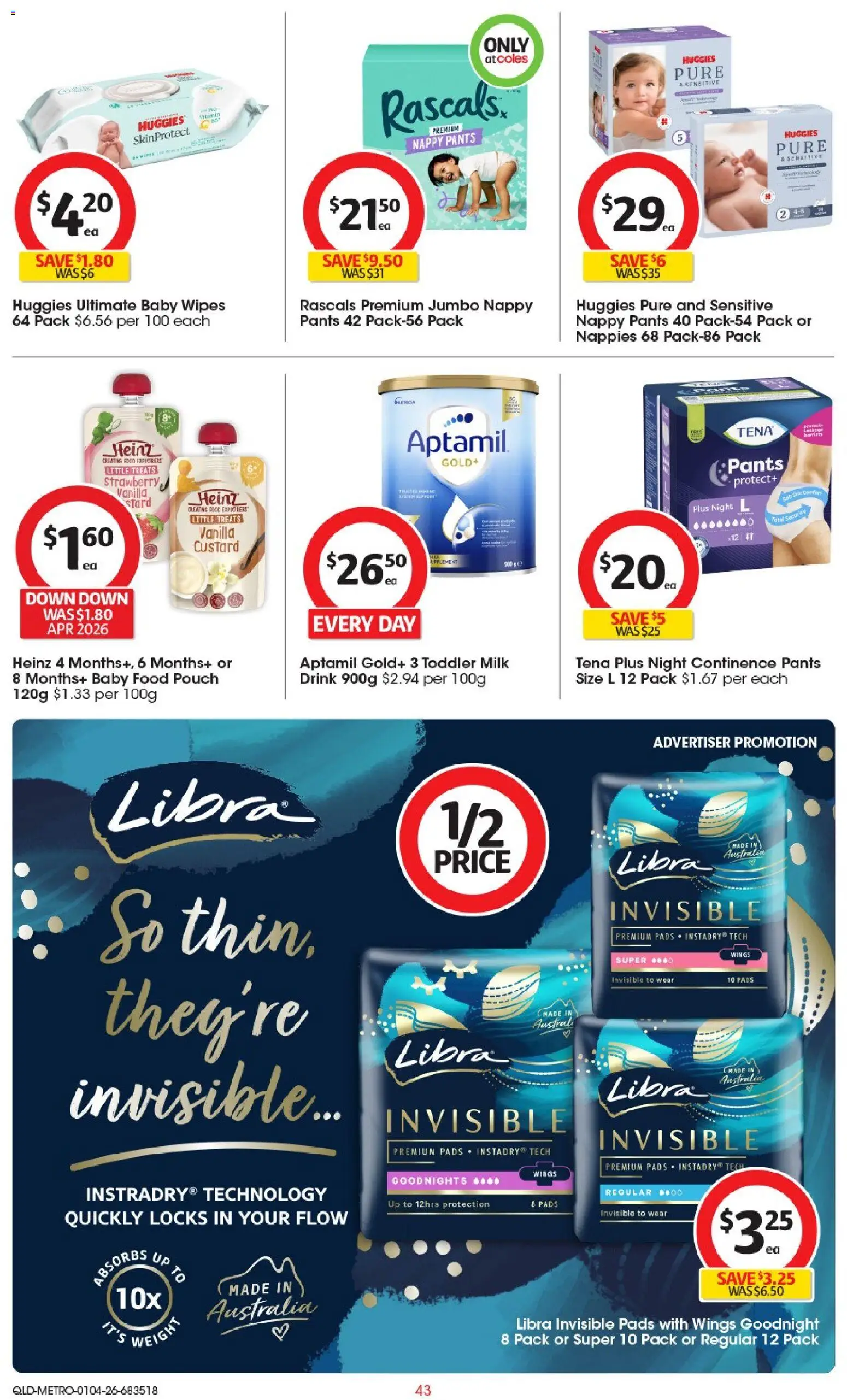 Coles catalogue - valid from 01.04.2026 | Page: 43 | Products: Milk, Nappies, Baby food, Weight