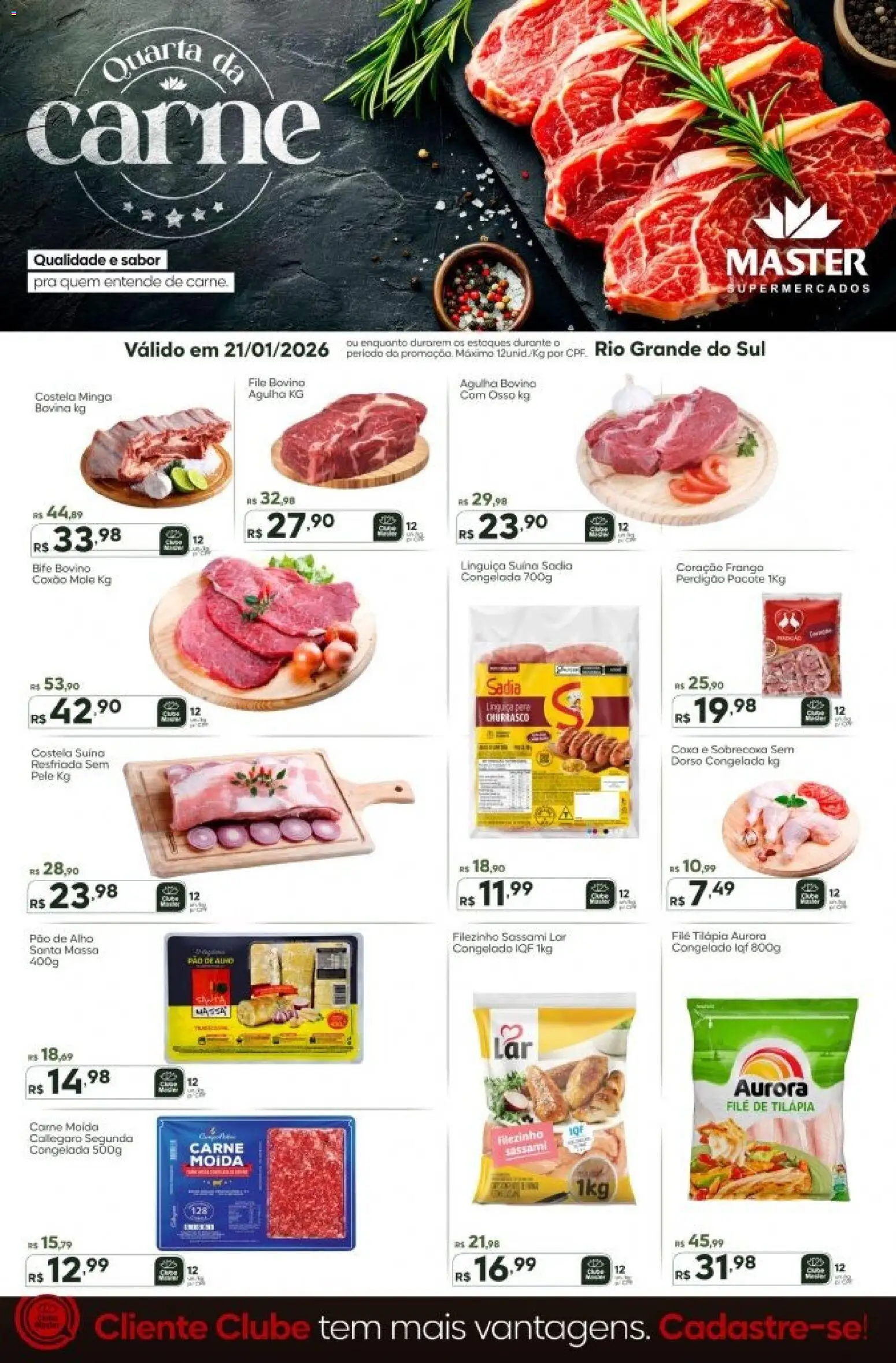 Master Folheto - válido de 21.01.2026 | Página: 1 | Produtos: Linguiça, Pão, Tilápia, Carne moída