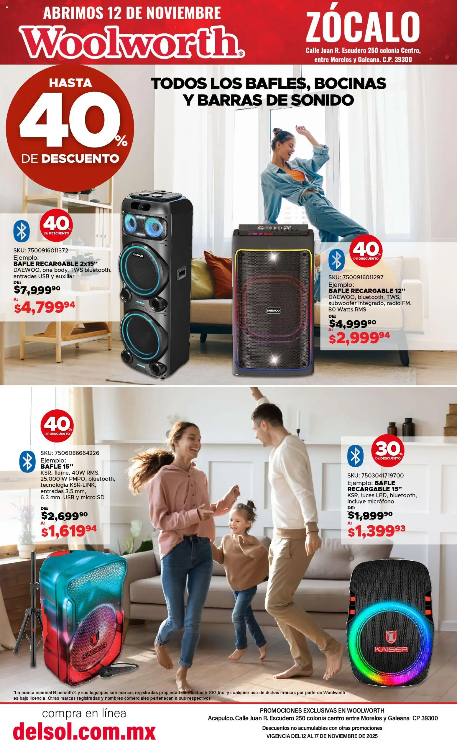 Nuevas ofertas de Del Sol y Woolworth válidas en toda la República Mexicana desde el 12.11.2025. ¡Encuentra las mejores ofertas en Del Sol y Woolworth catálogo Apertura Acapulco Centro 217! | Página: 19 | Productos: Usb, Micro SD, Micrófono, Zócalo