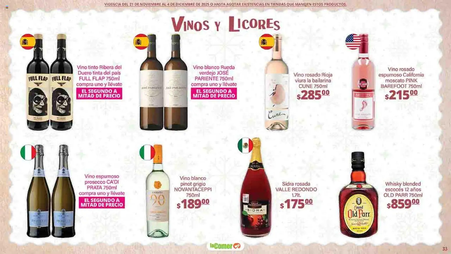 Nuevas ofertas de La Comer válidas en toda la República Mexicana desde el 21.11.2025. ¡Encuentra las mejores ofertas en La Comer folleto Felices Fiestas! | Página: 33 | Productos: Vino, Whisky