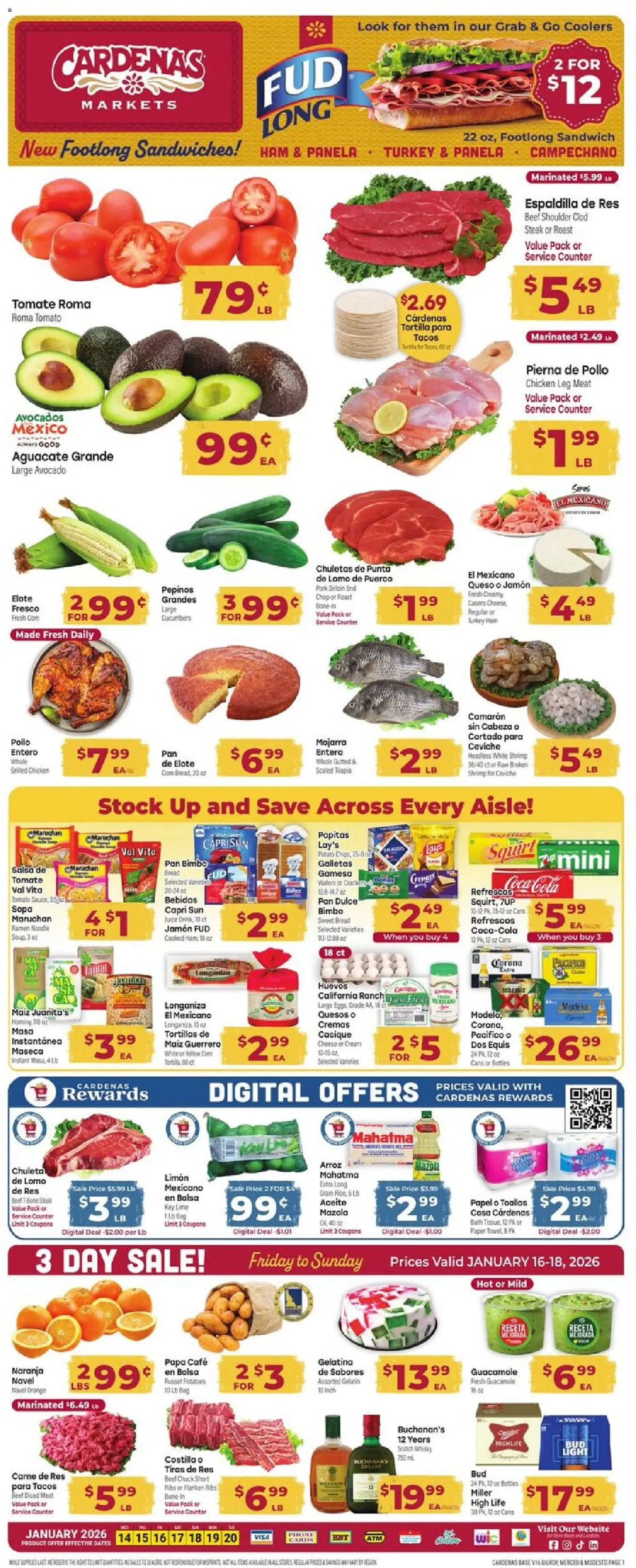 Cardenas Weekly Ad - valid from 14.01.2026 | Page: 1 | Products: Pan, Cheese, Ham, Avocado