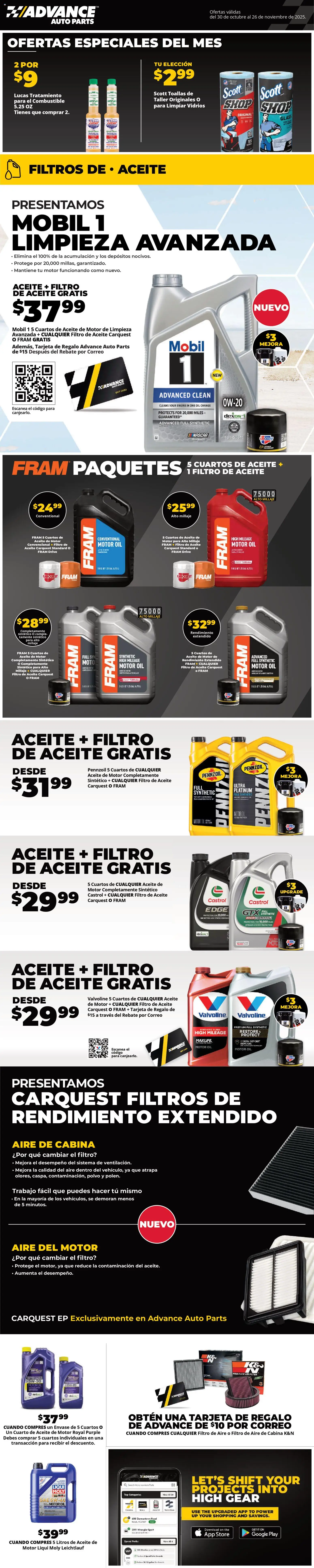 Advance Auto Parts Sales Ad - Spanish - valid from 30.10.2025 | Page: 1 | Products: Oil, Motor Oil