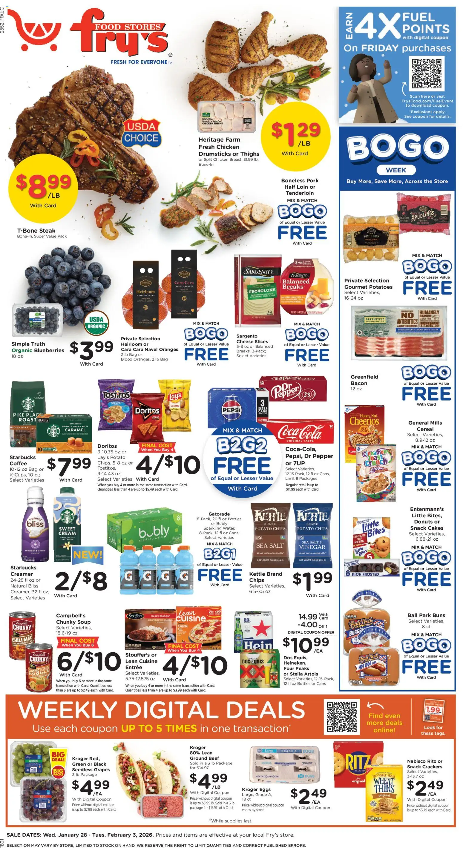 Fry's Food Weekly Ad - valid from 28.01.2026 | Page: 1 | Products: Milk, Chocolate, Cream, Potatoes