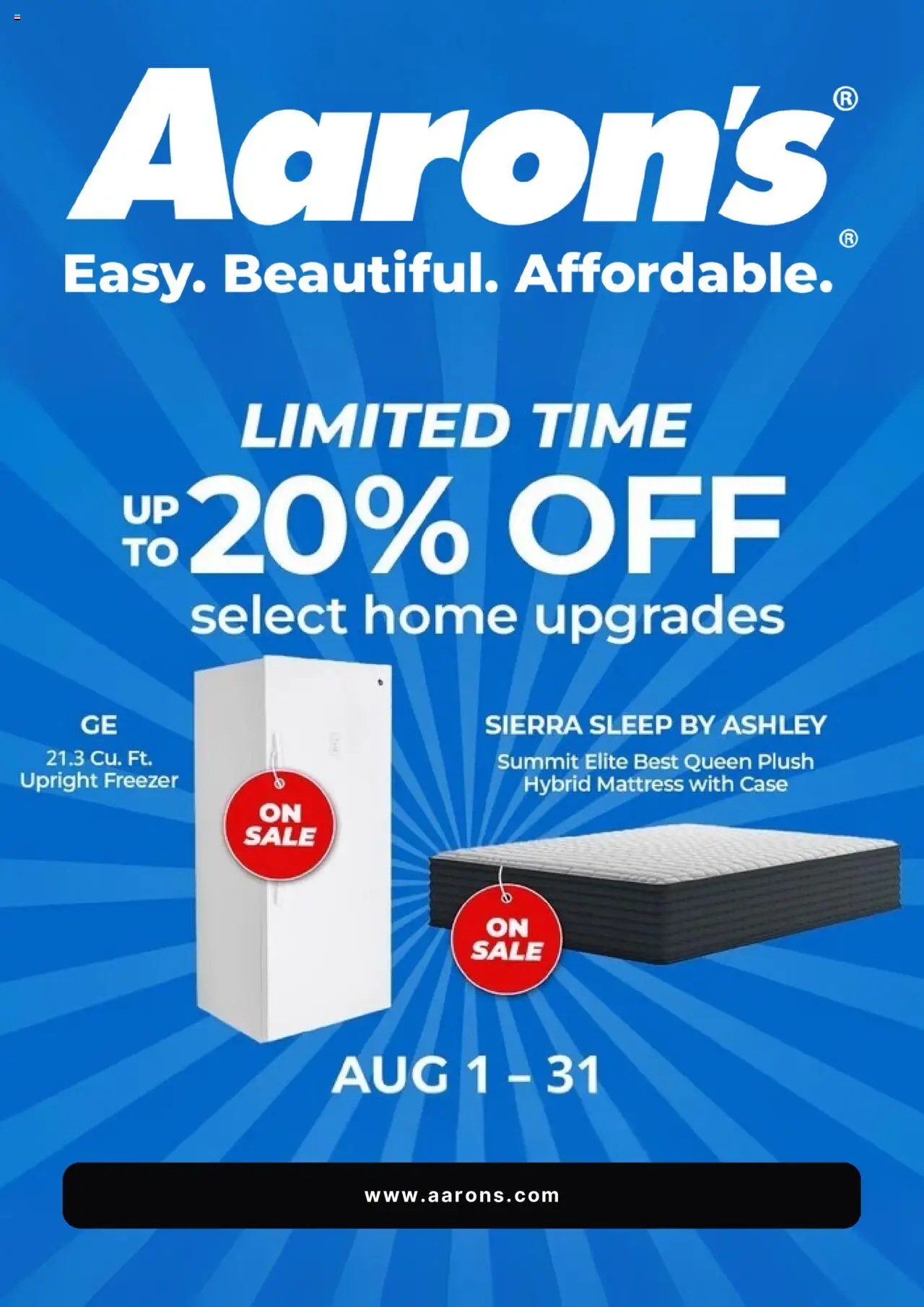 Aaron's Monthly Ad - valid from 01.08.2025 | Page: 1 | Products: Mattress, Case, Freezer