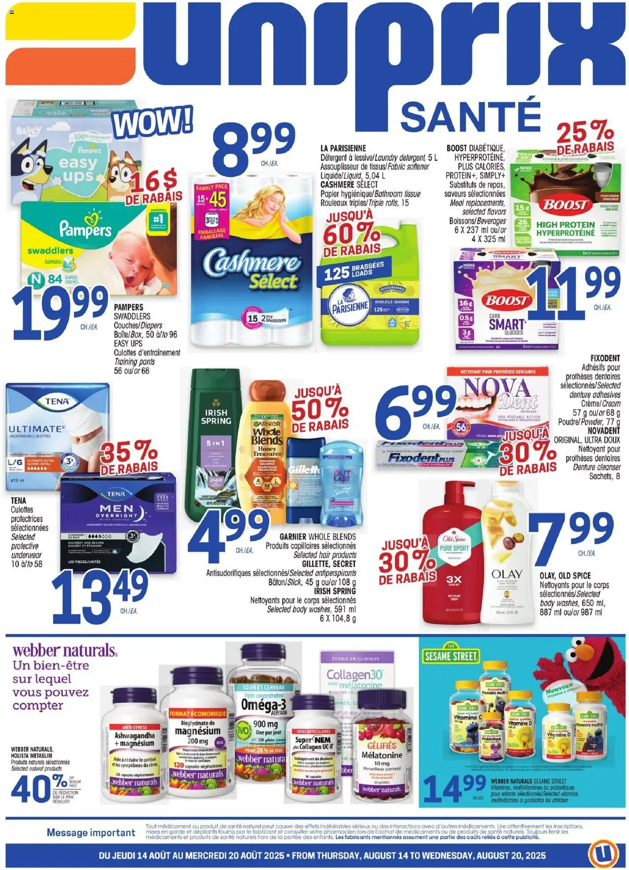 Uniprix flyer valid from 14.08.2025 | Page: 1 | Products: Cream, Shampoo, Chocolate, Pants