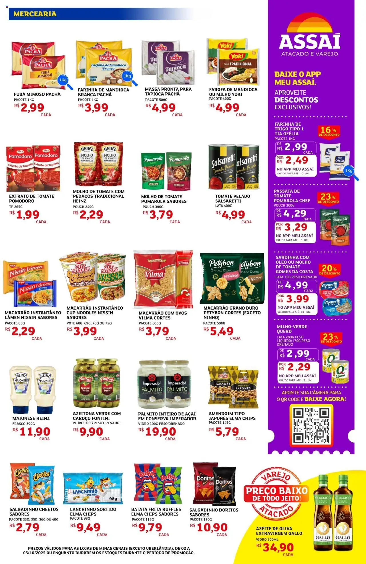 Assaí Atacadista Folheto - válido de 02.10.2025 | Página: 3 | Produtos: Mandioca, Farinha de mandioca, Elma Chips, Macarrão instantâneo