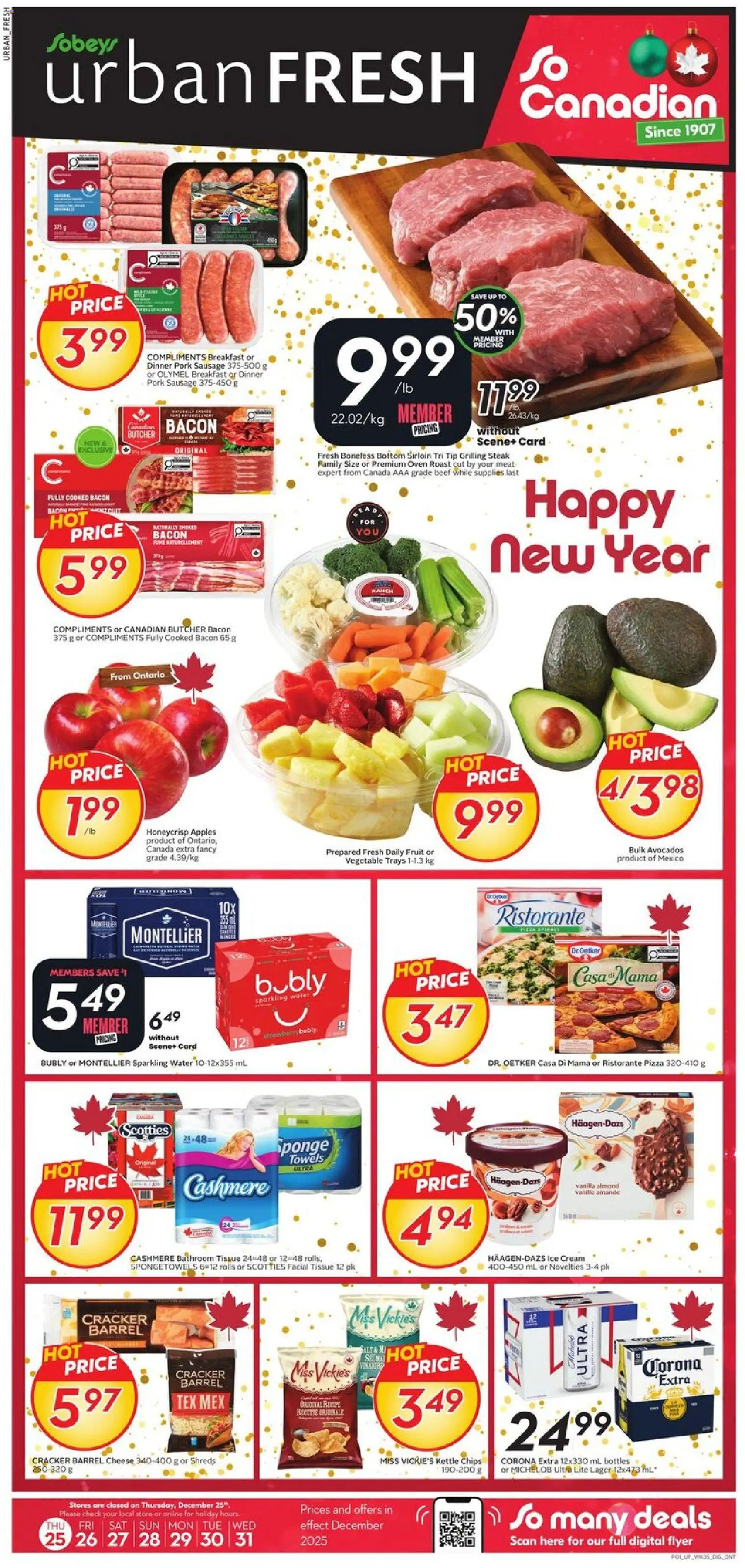 Sobeys flyer valid from 25.12.2025 | Page: 1 | Products: Beef, Cream, Ice cream, Pork