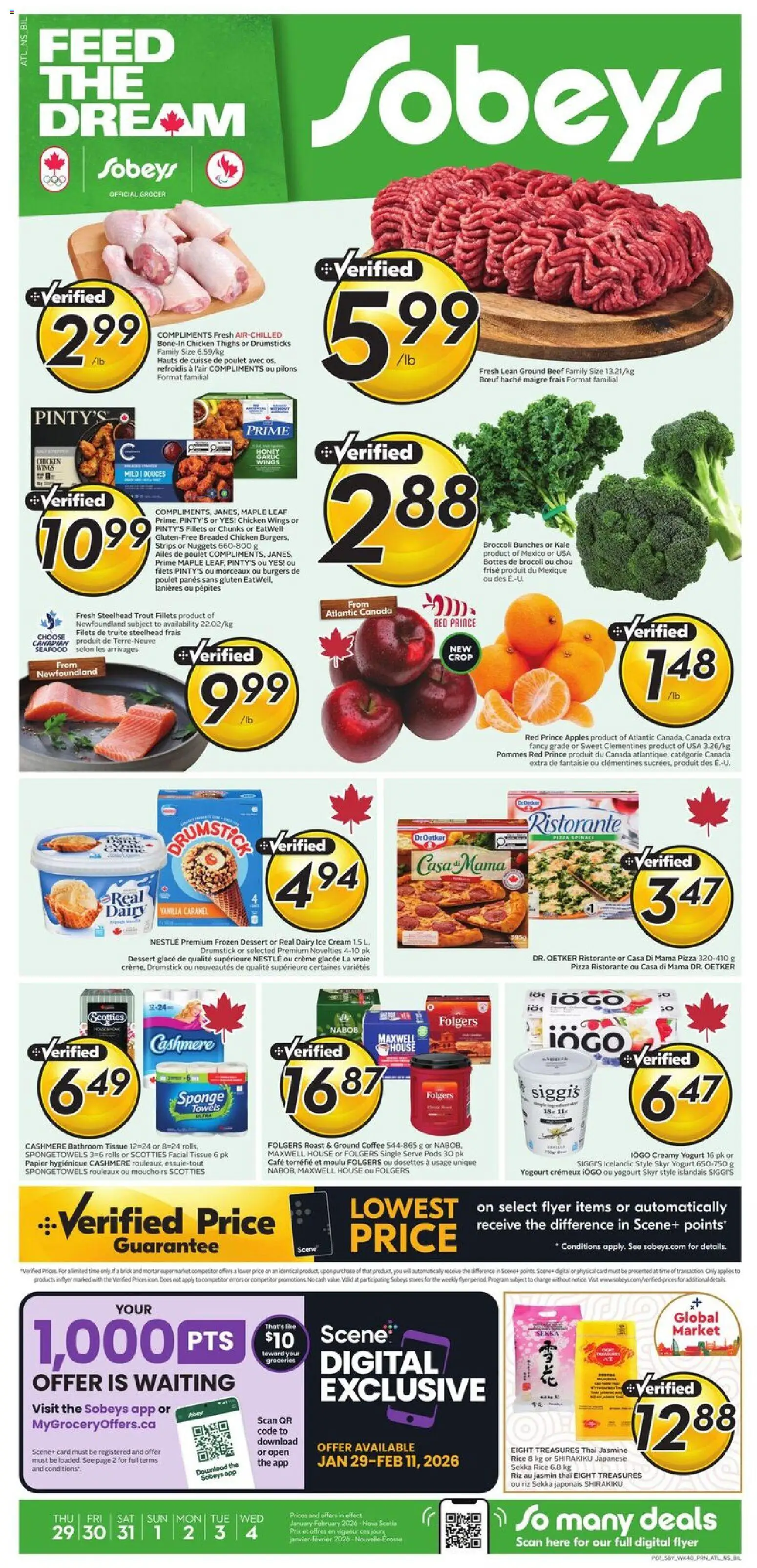 Sobeys flyer valid from 29.01.2026 | Page: 1 | Products: Rice, Chicken wings, Pizza, Apples