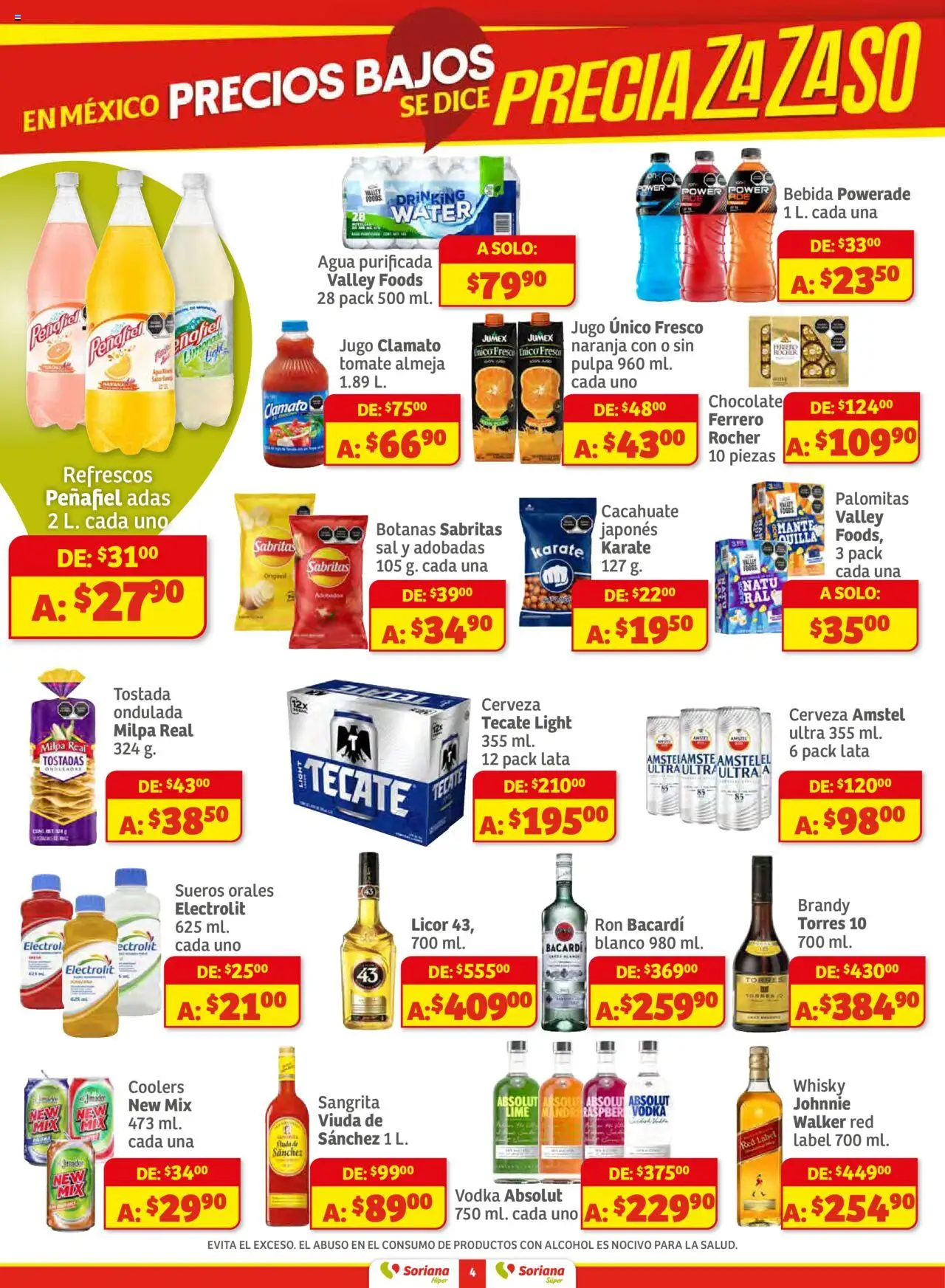 Nuevas ofertas de Soriana válidas en toda la República Mexicana desde el 16.10.2025. ¡Encuentra las mejores ofertas en Soriana - Preciazazaso Súper: Frontera BCN, Son! | Página: 4 | Productos: Sal, Limón, Chocolate, Whisky