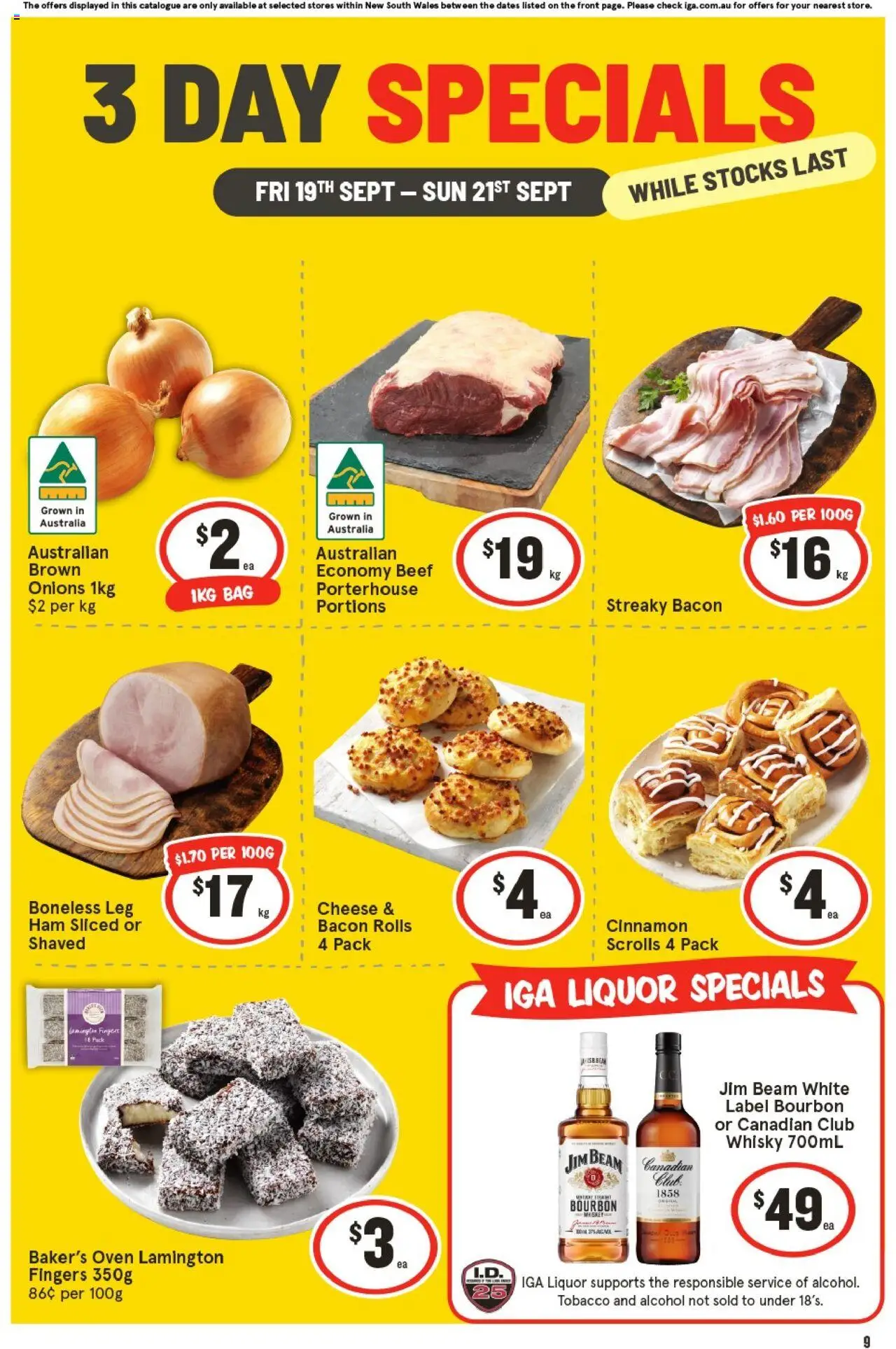 IGA catalogue - valid from 19.09.2025 | Page: 1 | Products: Bacon, Cheese, Ham, Bourbon
