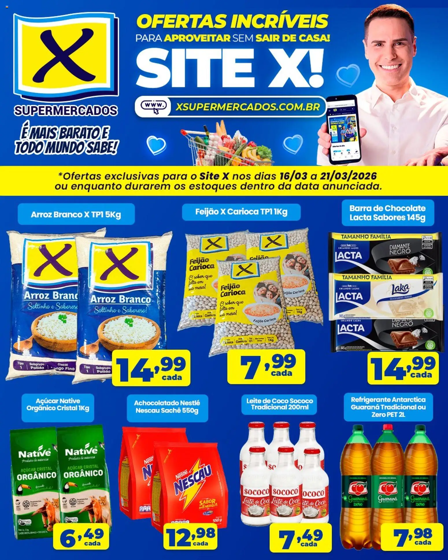 X Supermercados Folheto - válido de 16.03.2026 | Página: 1 | Produtos: Feijão, Guaraná, Leite, Barra de chocolate