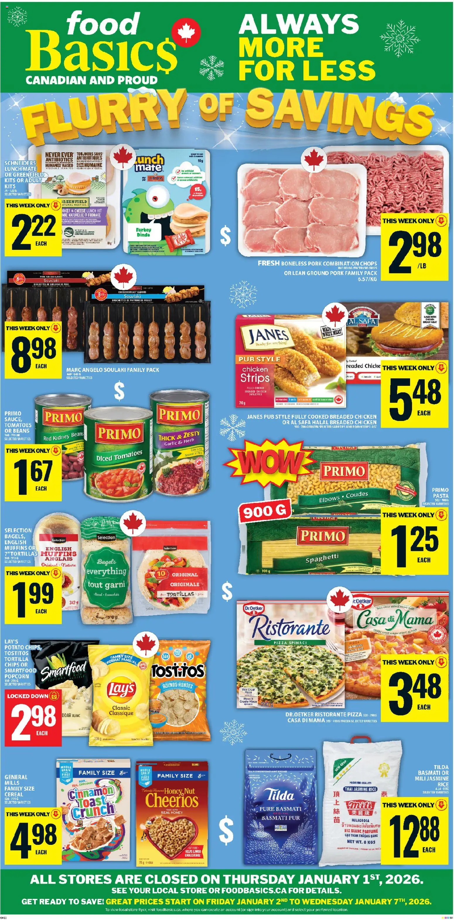 Food Basics flyer valid from 01.01.2026 | Page: 1 | Products: Rice, Pizza, Chicken, Pork