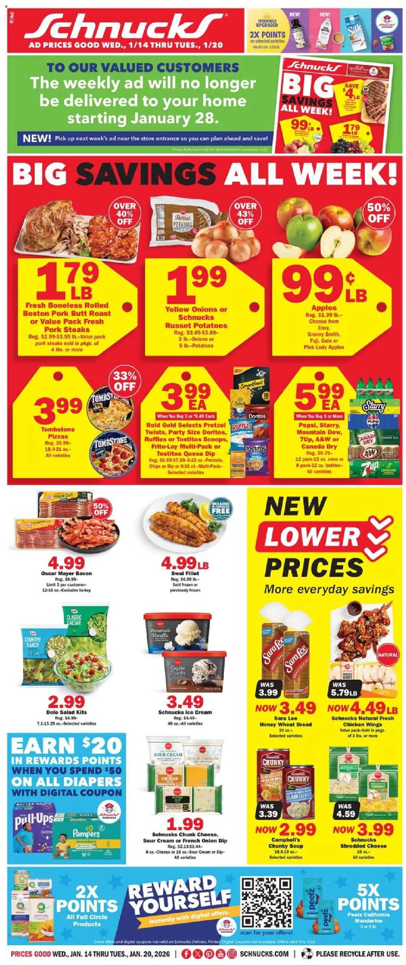 Schnucks Weekly Print Ad - IN - valid from 14.01.2026 | Page: 1 | Products: Ginger, Cheese, Bread, Chips