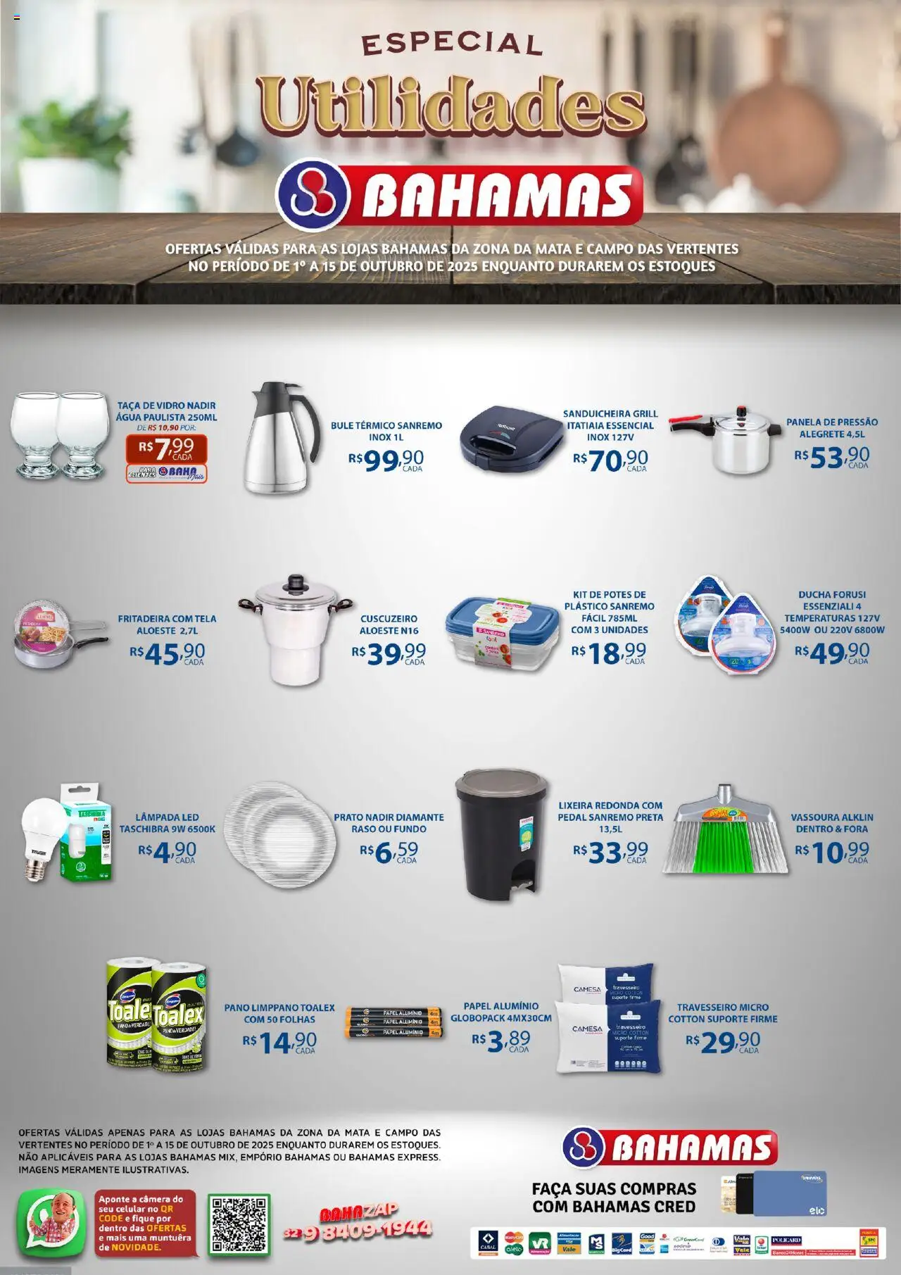 Bahamas Supermercados Folheto - válido de 01.10.2025 | Página: 1 | Produtos: Lâmpada, Sanduicheira, Travesseiro, Potes