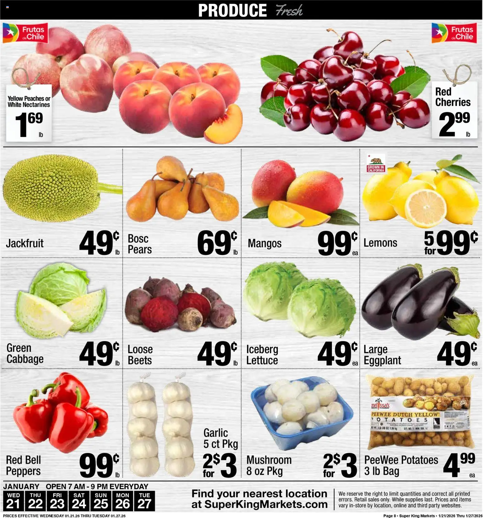 Super King Weekly Ad - valid from 21.01.2026 | Page: 9 | Products: Peaches, Potatoes, Garlic, Bag