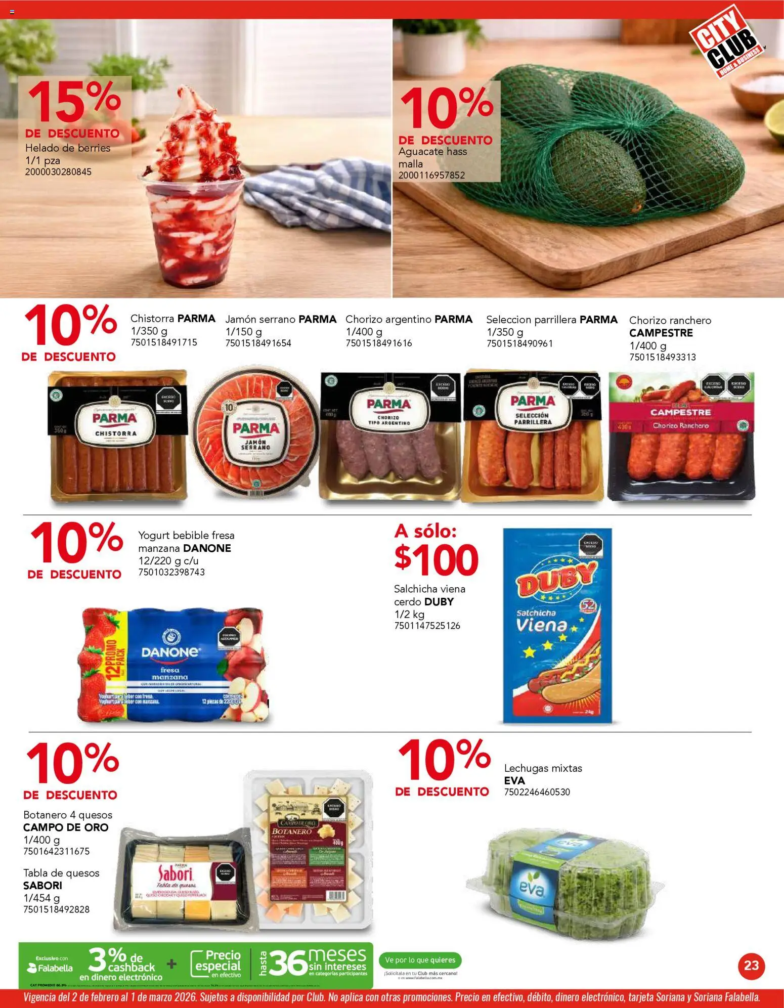 Nuevas ofertas de City Club válidas en toda la República Mexicana desde el 02.02.2026. ¡Encuentra las mejores ofertas en City Club catálogo! | Página: 23 | Productos: Salchicha, Manzana, Jamón, Malla