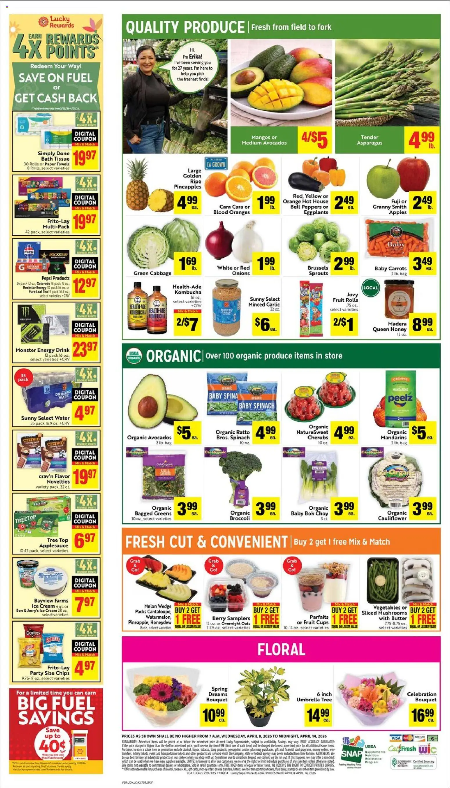 Lucky Supermarkets Weekly Ad - valid from 08.04.2026 | Page: 4 | Products: Broccoli, Shelf, Oranges, Greens