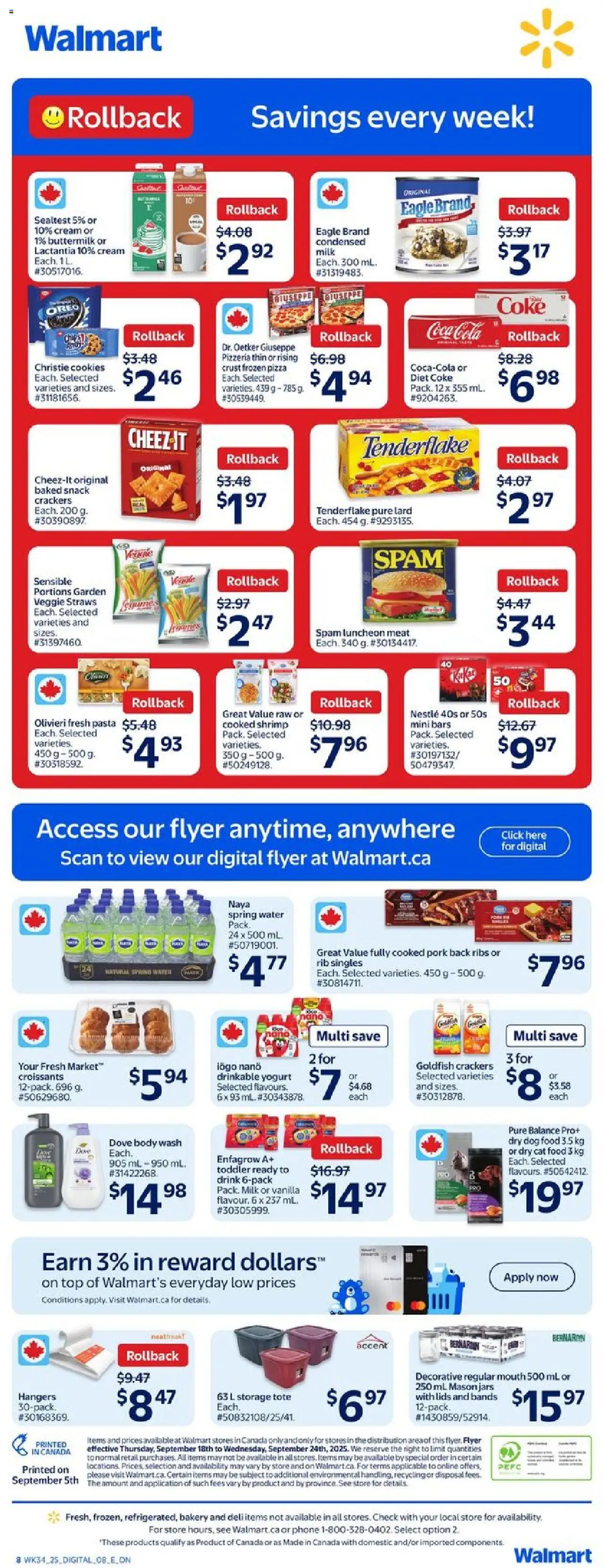 Walmart flyer valid from 18.09.2025 | Page: 2 | Products: Pasta, Cream, Phone, Milk