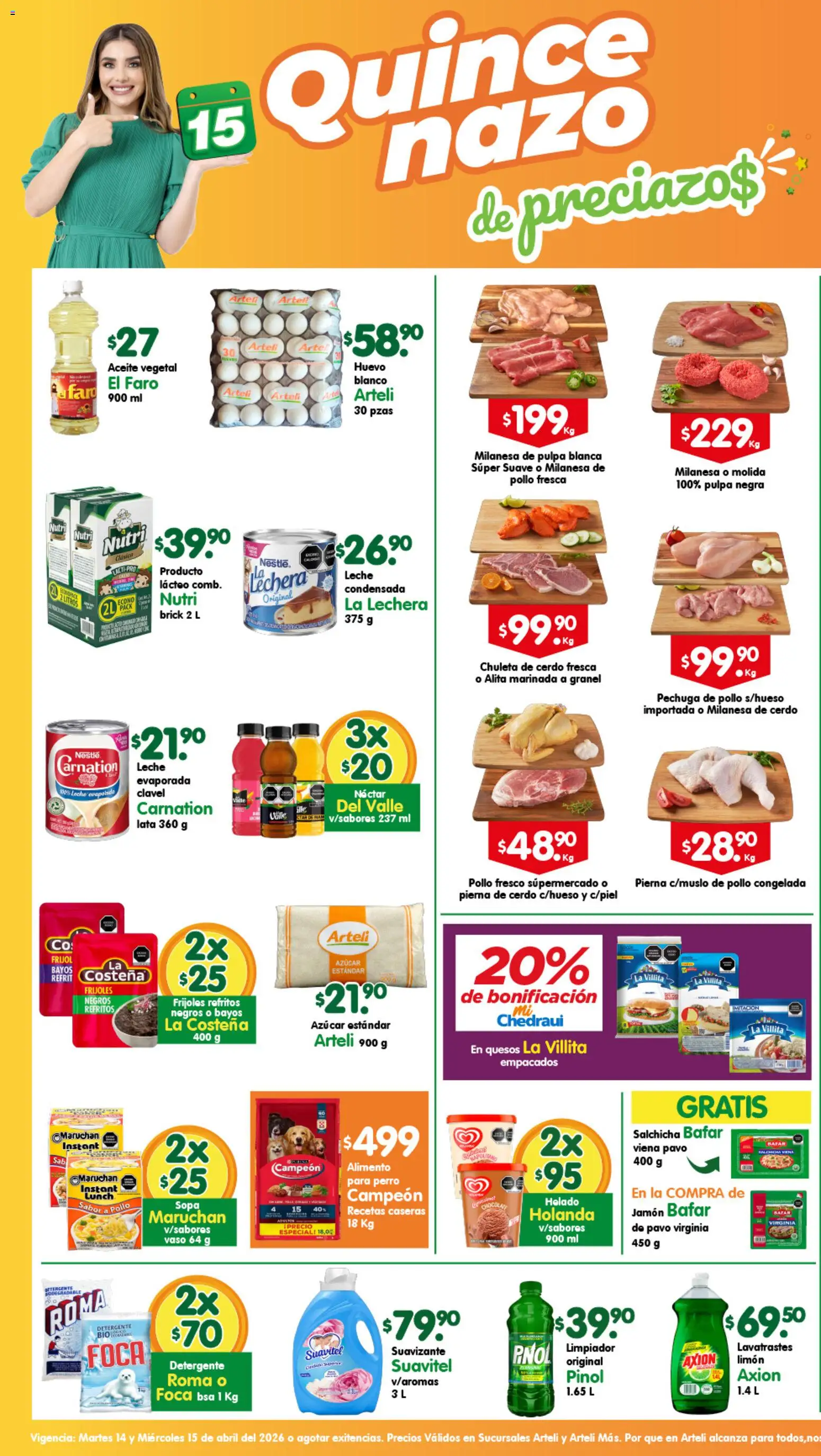 Nuevas ofertas de Arteli válidas en toda la República Mexicana desde el 14.04.2026. ¡Encuentra las mejores ofertas en Arteli folleto! | Página: 1 | Productos: Azúcar, Salchicha, Sopa, Leche