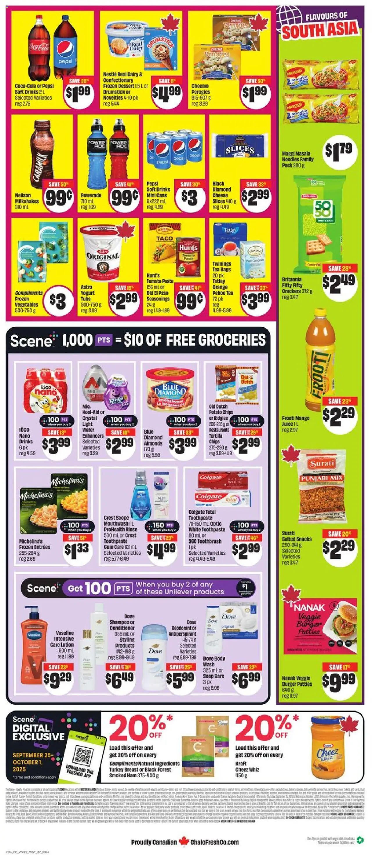 FreshCo flyer valid from 25.09.2025 | Page: 2 | Products: Deodorant, Toothpaste, Yogurt, Ham