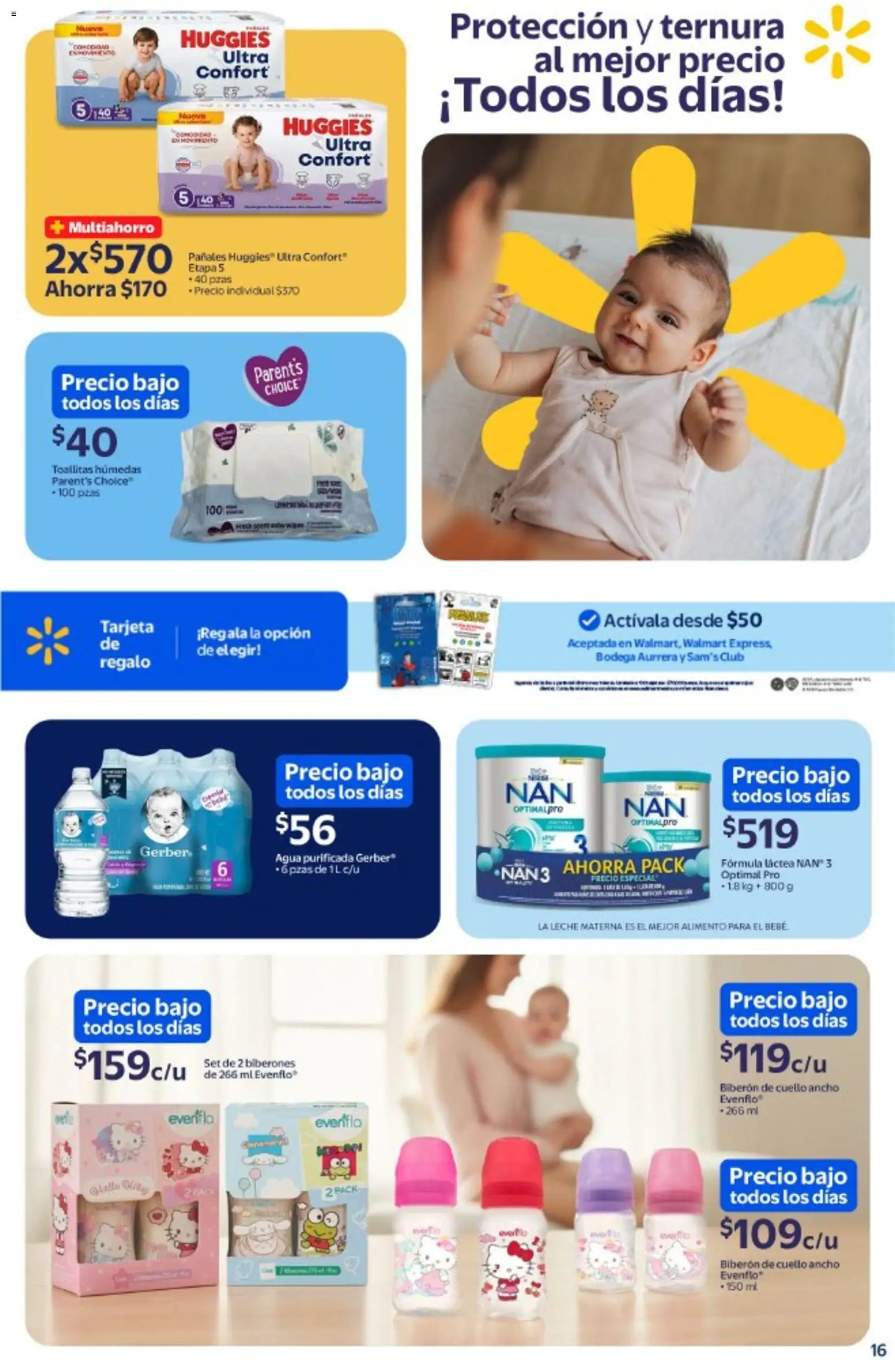 Nuevas ofertas de Walmart válidas en toda la República Mexicana desde el 20.11.2025. ¡Encuentra las mejores ofertas en Walmart folleto Precios bajos todos los días! | Página: 16 | Productos: Biberón, Agua, Toallitas húmedas, Leche