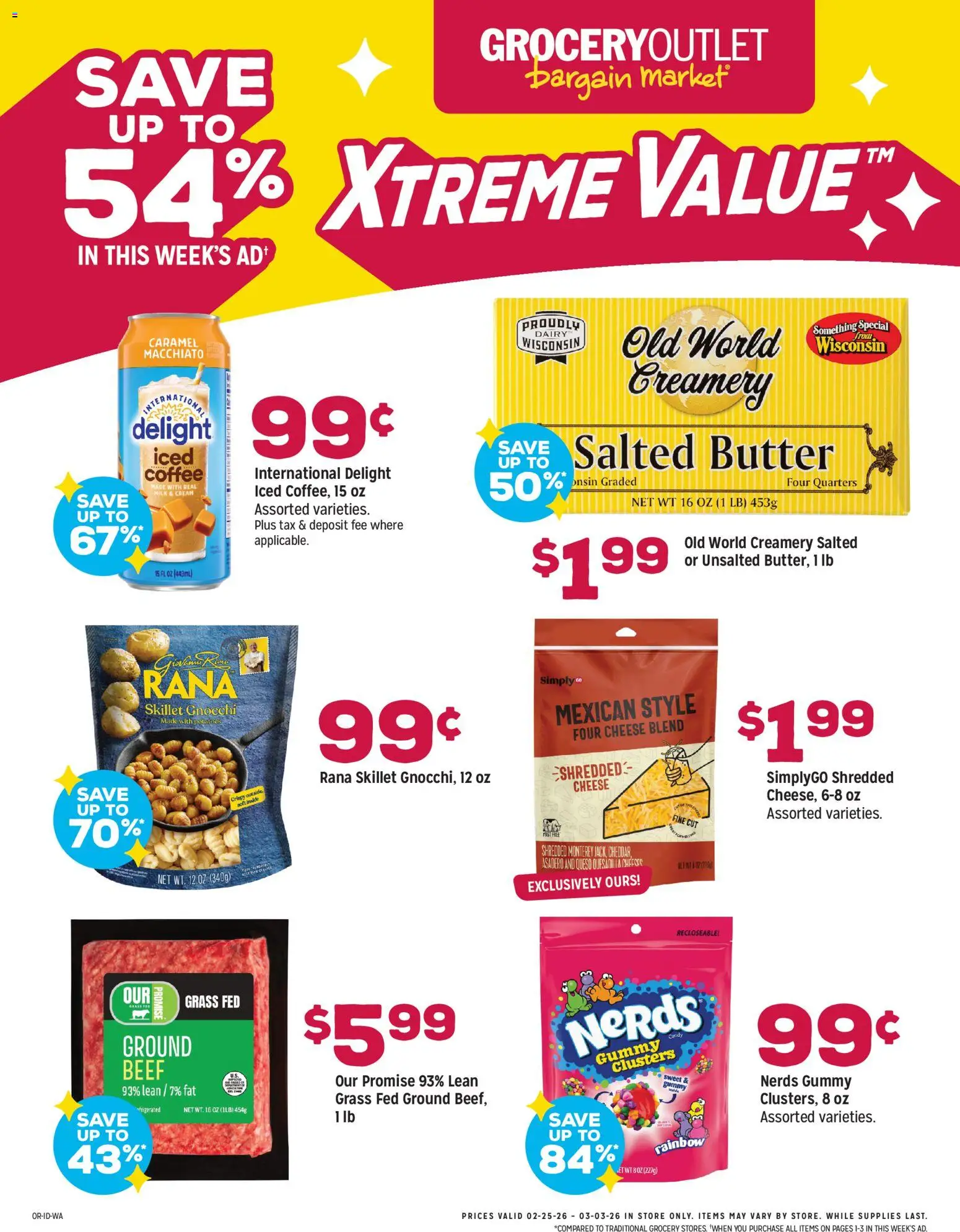 Grocery Outlet Weekly Ad - WA - valid from 25.02.2026 | Page: 1 | Products: Butter, Coffee, Beef, Cream
