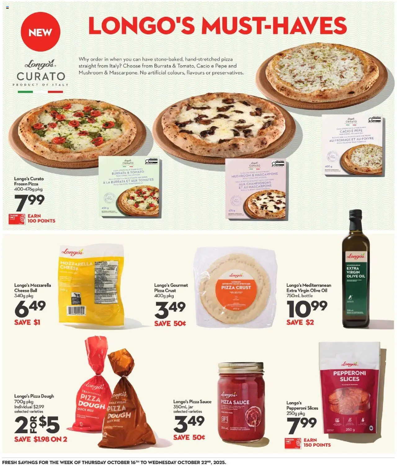 Longo's flyer valid from 16.10.2025 | Page: 10 | Products: Cheese, Oil, Pizza