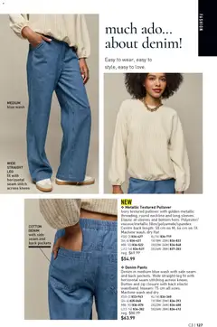 Preview of Denim Pants, Denim in medium blue wash with side seam and back pockets. Wide straight-leg fit with horizontal seam stitching across knees. Button and zip closure with back elastic waistband. Inseam: 75 cm all sizes. Machine wash and dry. from shop Avon valid from 29.01.2026 | Page: 127