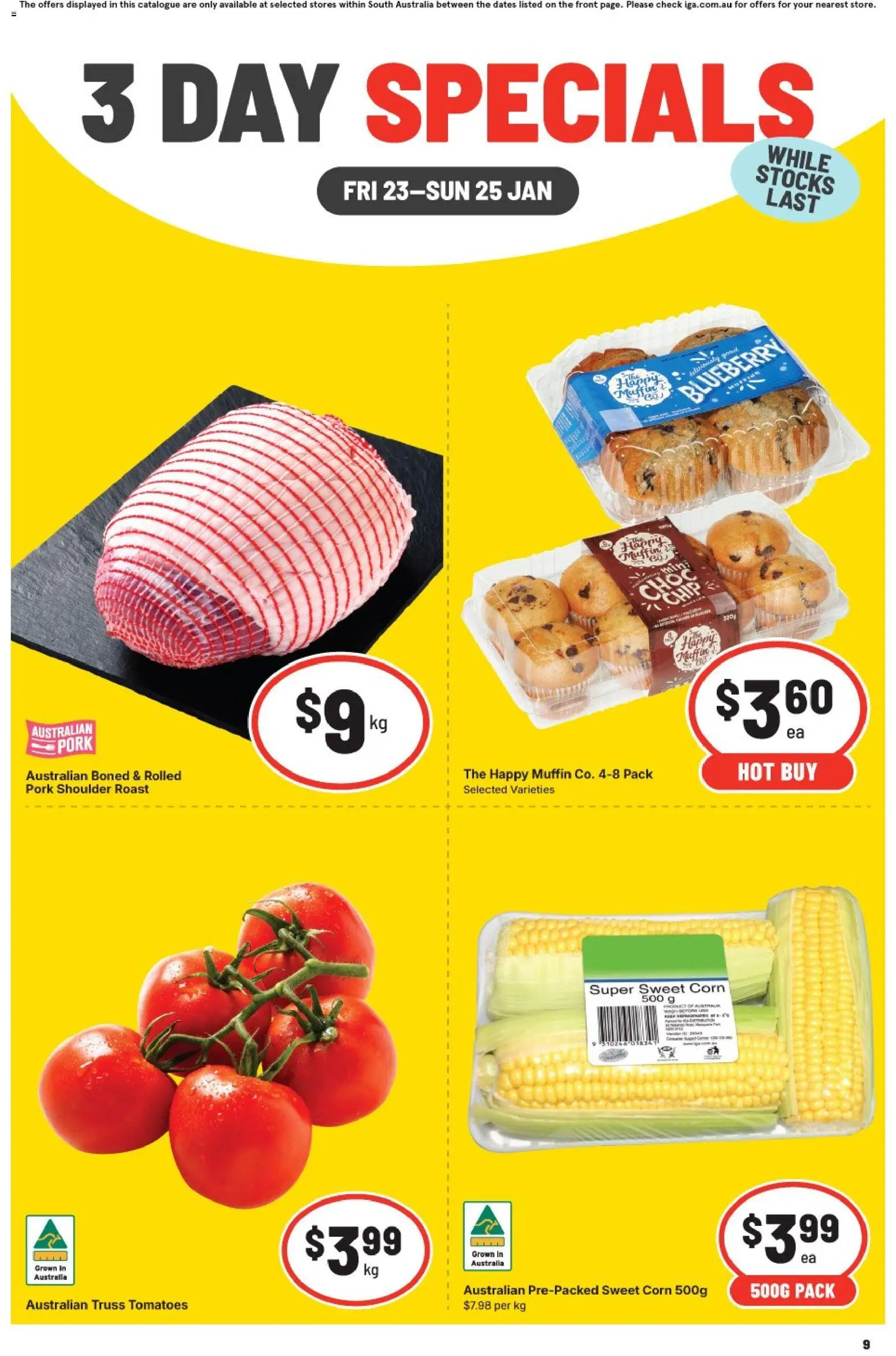 IGA catalogue - valid from 23.01.2026 | Page: 1 | Products: Pork, Tomatoes, Muffins