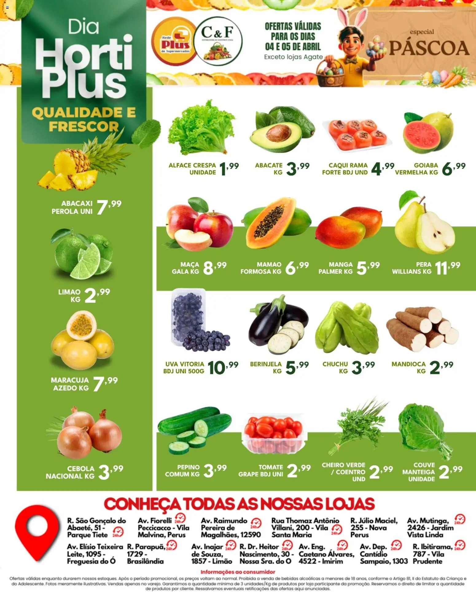 Rede Plus Supermercados Folheto - válido de 04.04.2026 | Página: 3 | Produtos: Pera, Chuchu, Berinjela, Abacaxi
