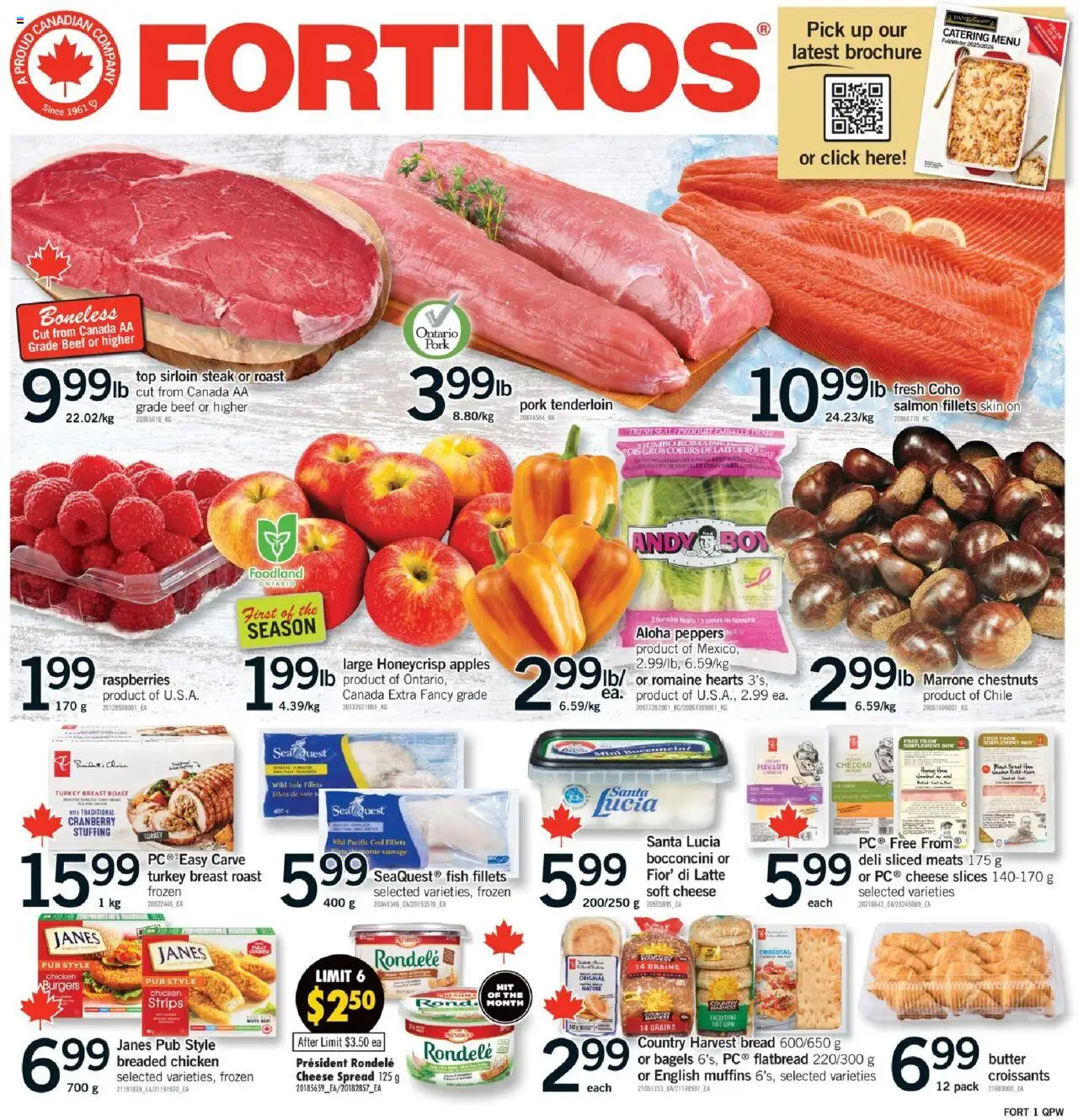 Fortinos flyer valid from 18.09.2025 | Page: 1 | Products: Fish, Cheese, Bread, Pork