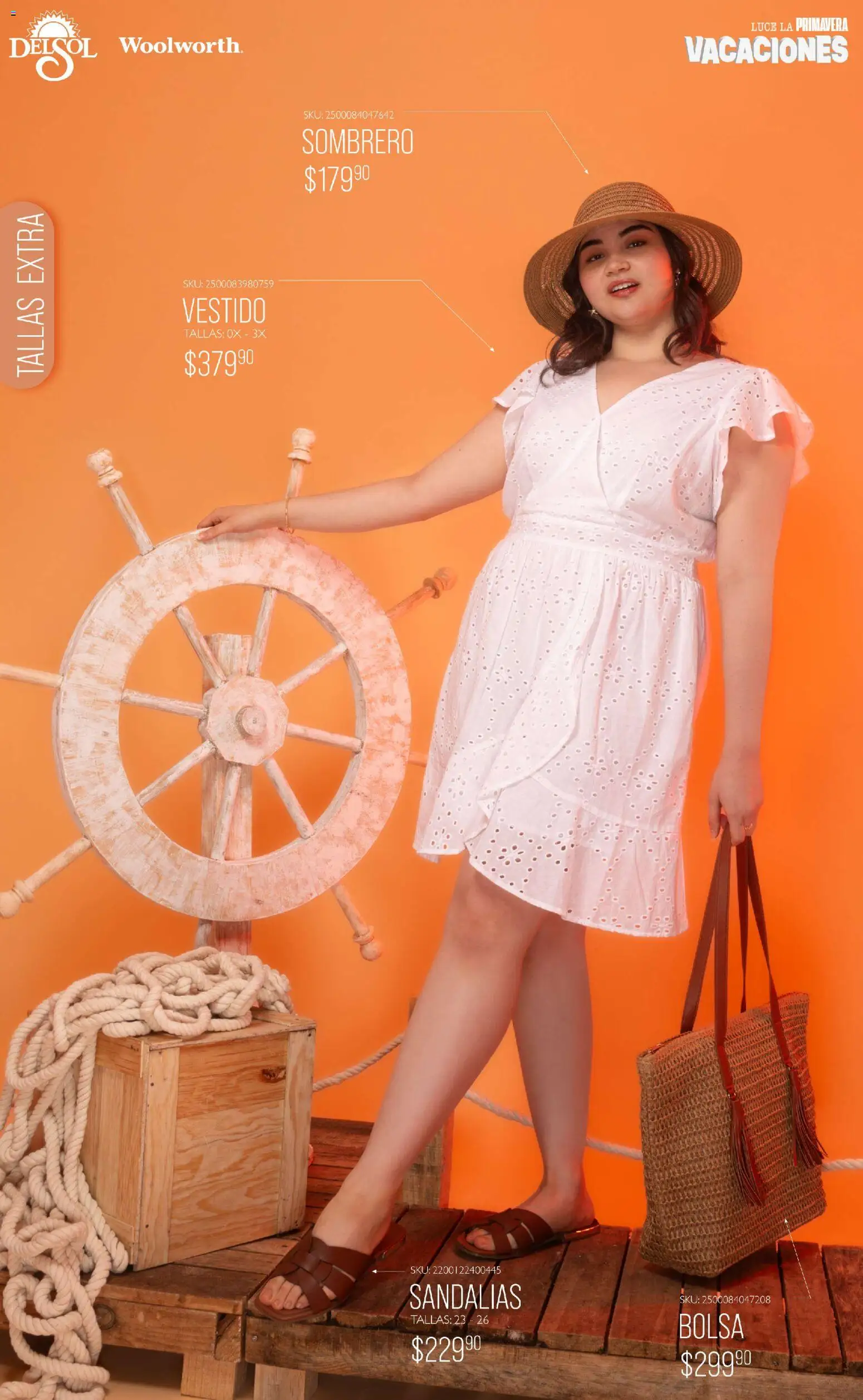 Nuevas ofertas de Del Sol y Woolworth válidas en toda la República Mexicana desde el 19.03.2026. ¡Encuentra las mejores ofertas en Del Sol y Woolworth catálogo Vacaciones 2026 ! | Página: 9 | Productos: Sombrero, Bolsa, Vestido, Sandalias