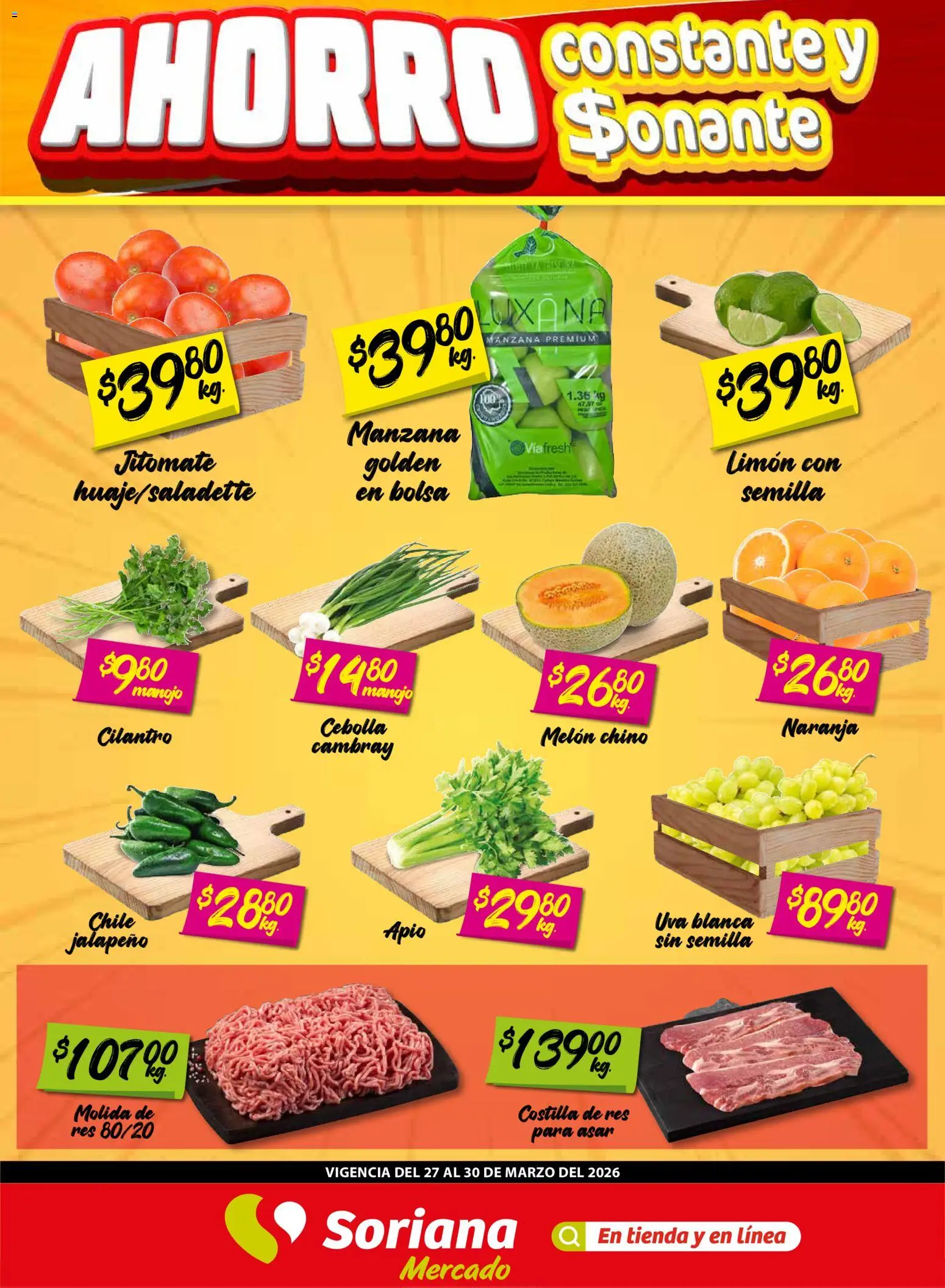Nuevas ofertas de Soriana válidas en toda la República Mexicana desde el 27.03.2026. ¡Encuentra las mejores ofertas en Soriana Fin de Semana Mercado: Coah, Chih y Dur! | Página: 1 | Productos: Melón, Apio, Manzana, Uva
