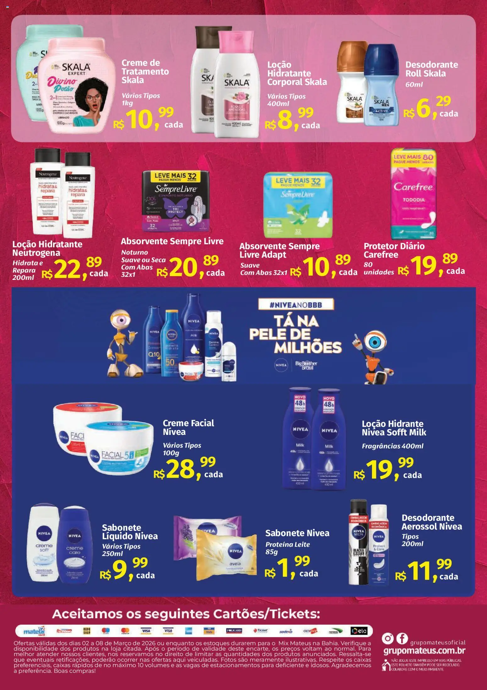 Mateus Folheto - válido de 02.03.2026 | Página: 8 | Produtos: Leite, Creme, Sabonete, Sempre Livre
