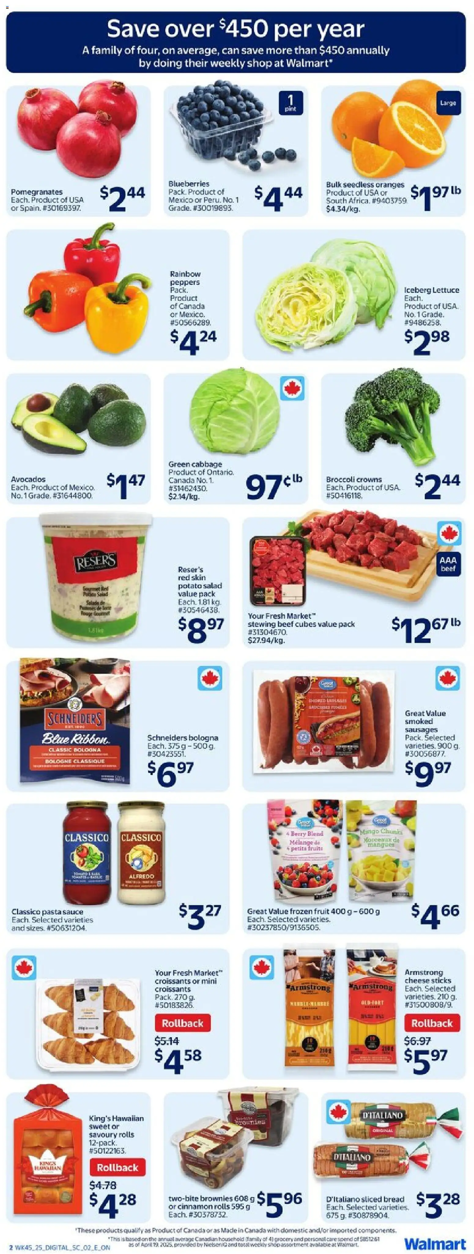 Walmart flyer valid from 04.12.2025 | Page: 5 | Products: Pasta, Salad, Bread, Oranges