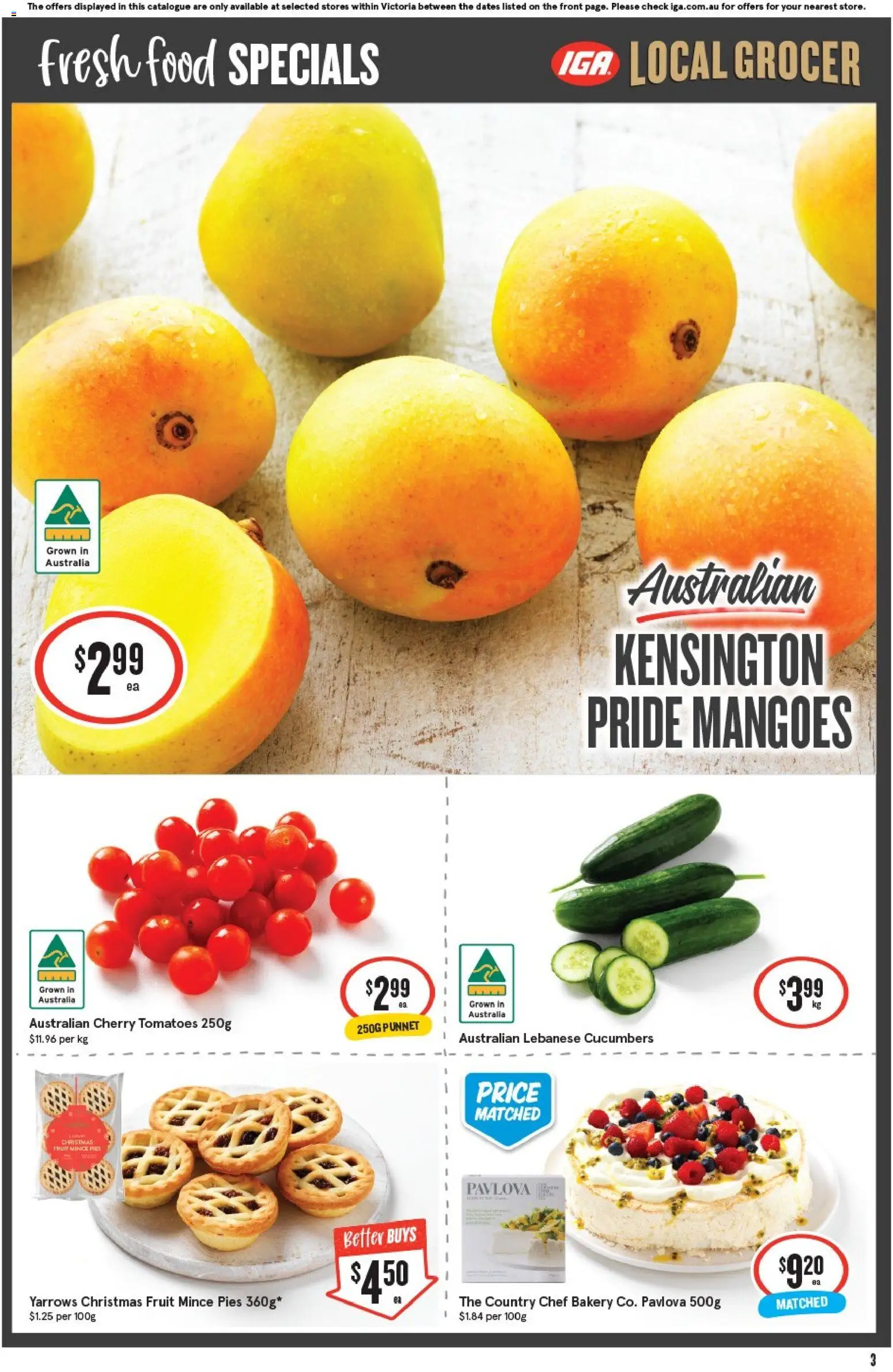 IGA catalogue - valid from 29.10.2025 | Page: 3 | Products: Tomatoes, Pies, Pavlova, Bakery